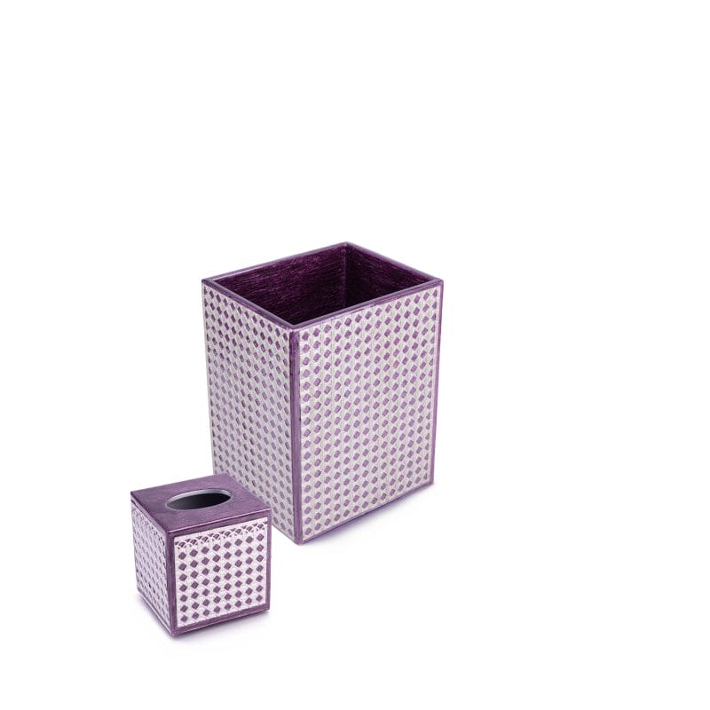 Mike + Ally. A Set of Purple Wastebasket & Tissue Box in Rattan Pattern