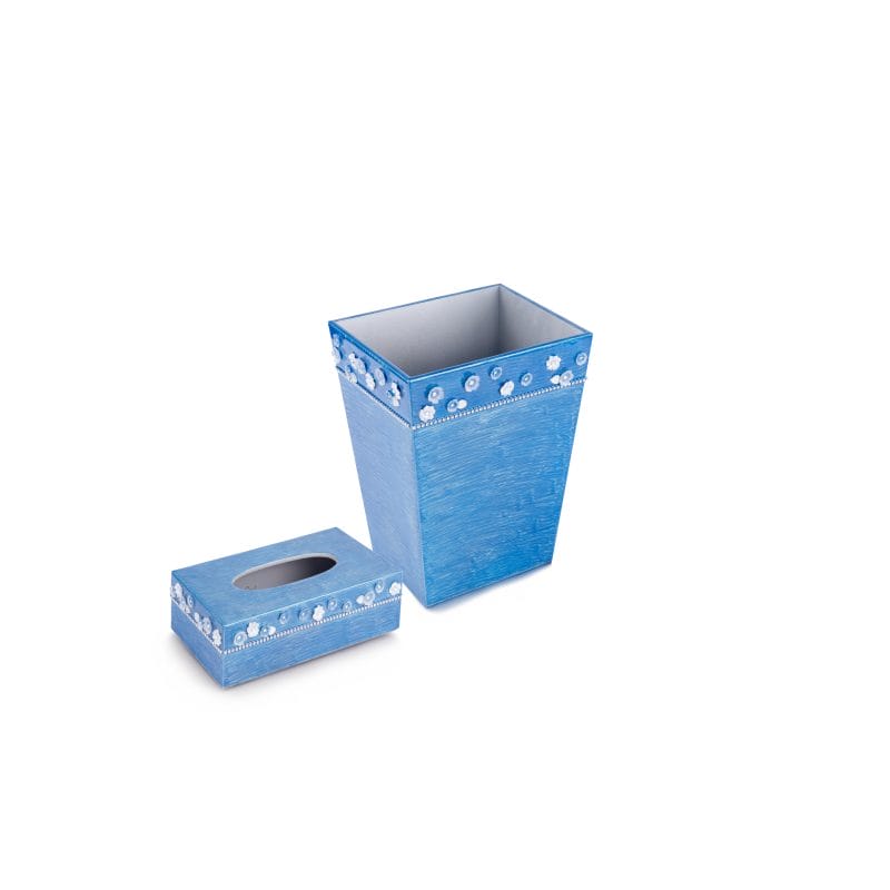 Mike + Ally. A Set of Blue Wastebasket & Tissue Box with Austrian Crystals