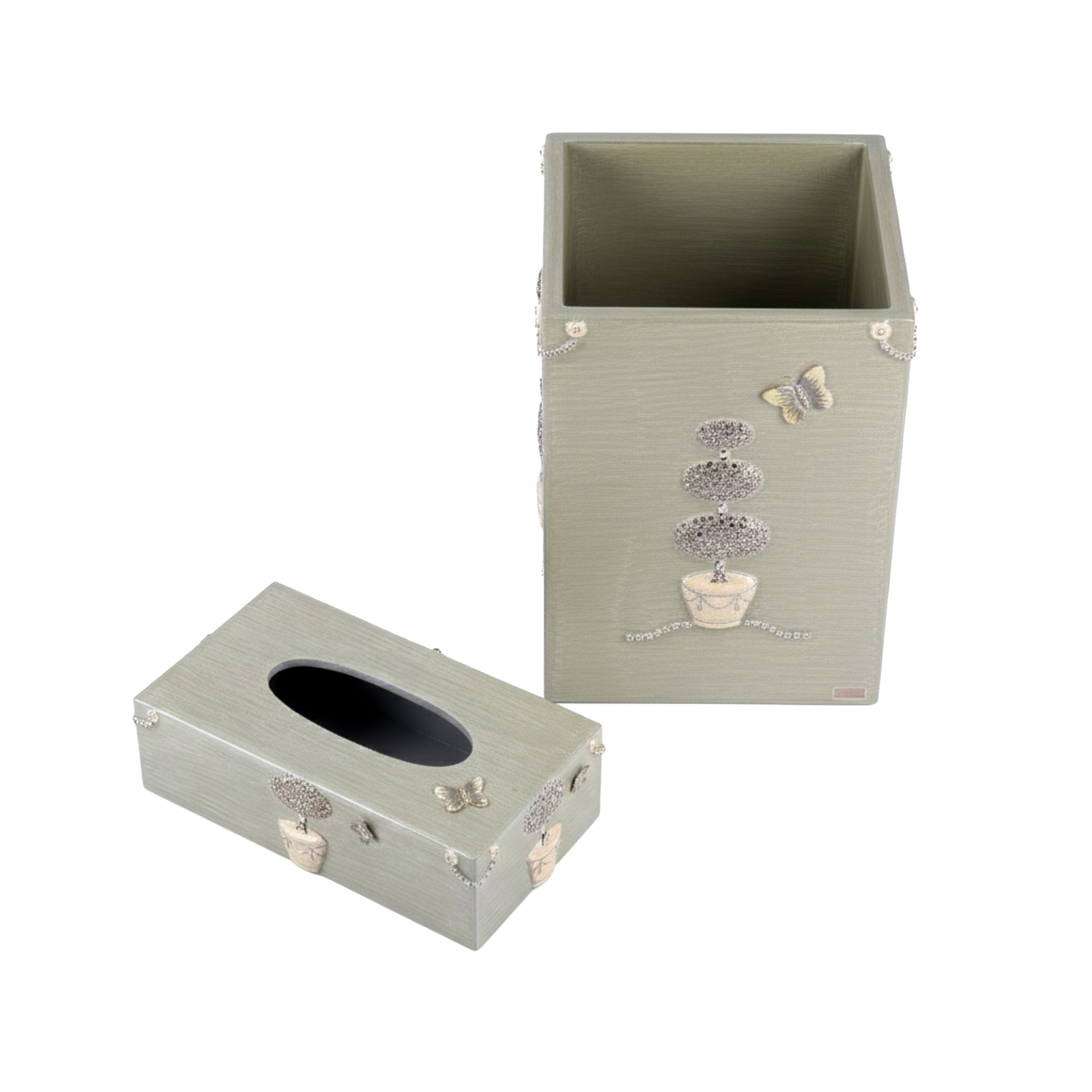 Mike + Ally. A Set of Green Wastebasket & Tissue Box in Floral Design