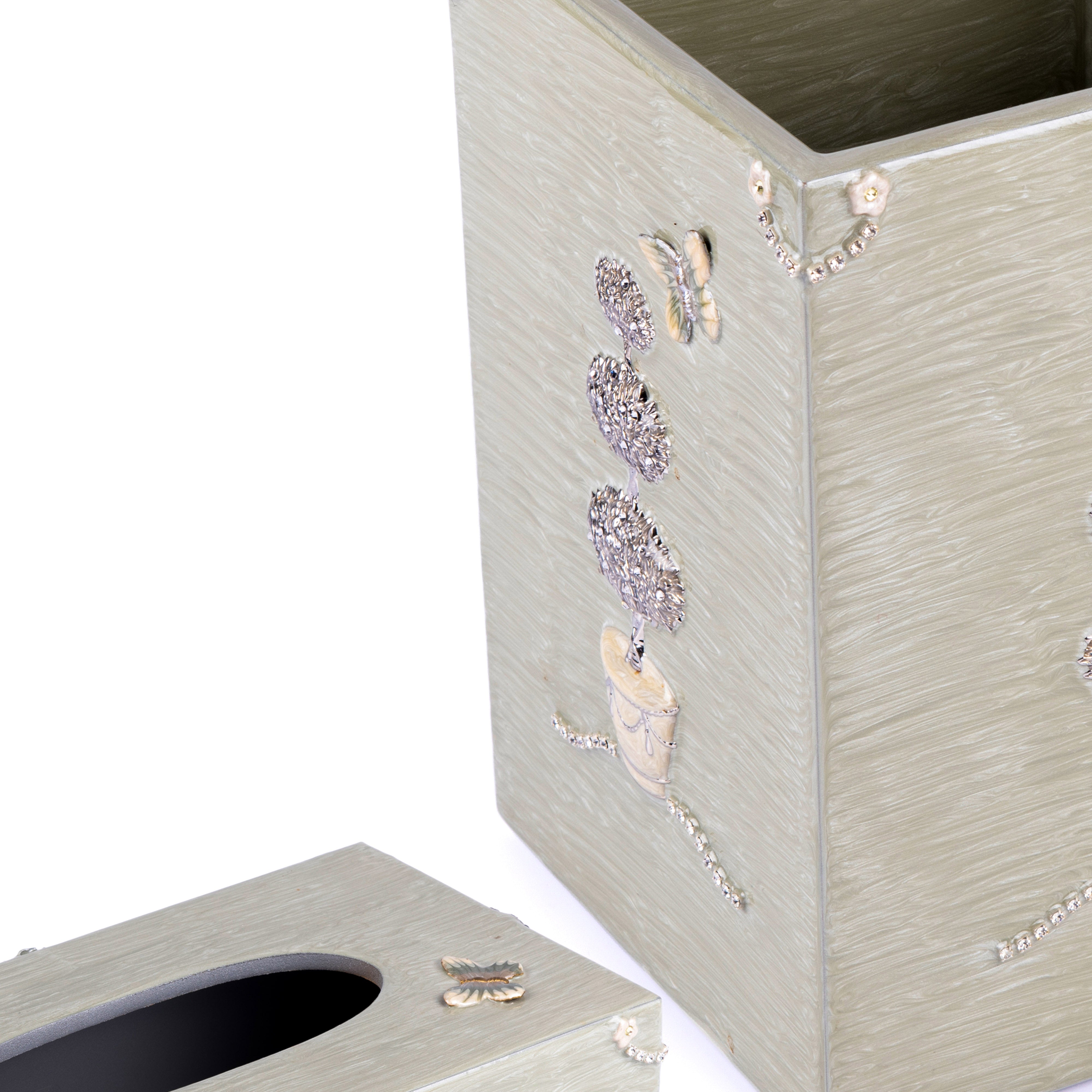 Mike + Ally. A Set of Green Wastebasket & Tissue Box in Floral Design