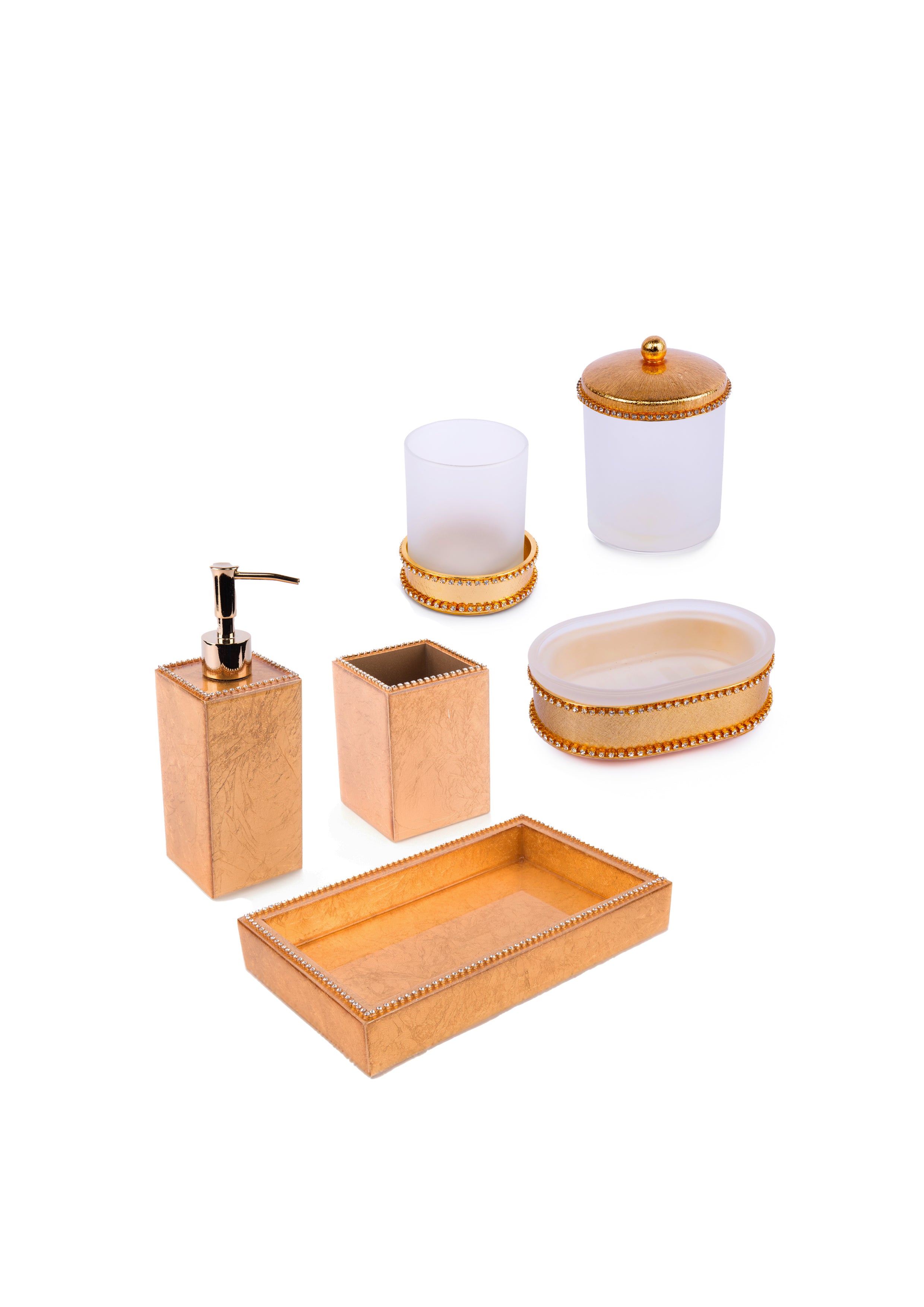 Mike + Ally. A Set of Brown Bathroom Accessories Studded With Crystals.