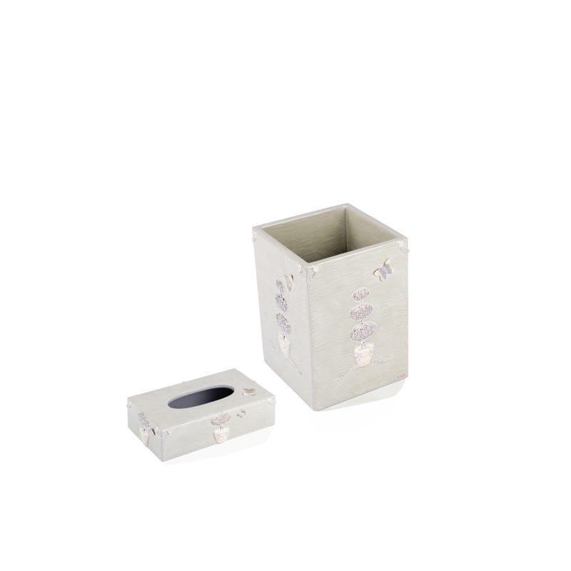 Mike + Ally. A Set of Green Wastebasket & Tissue Box in Floral Design