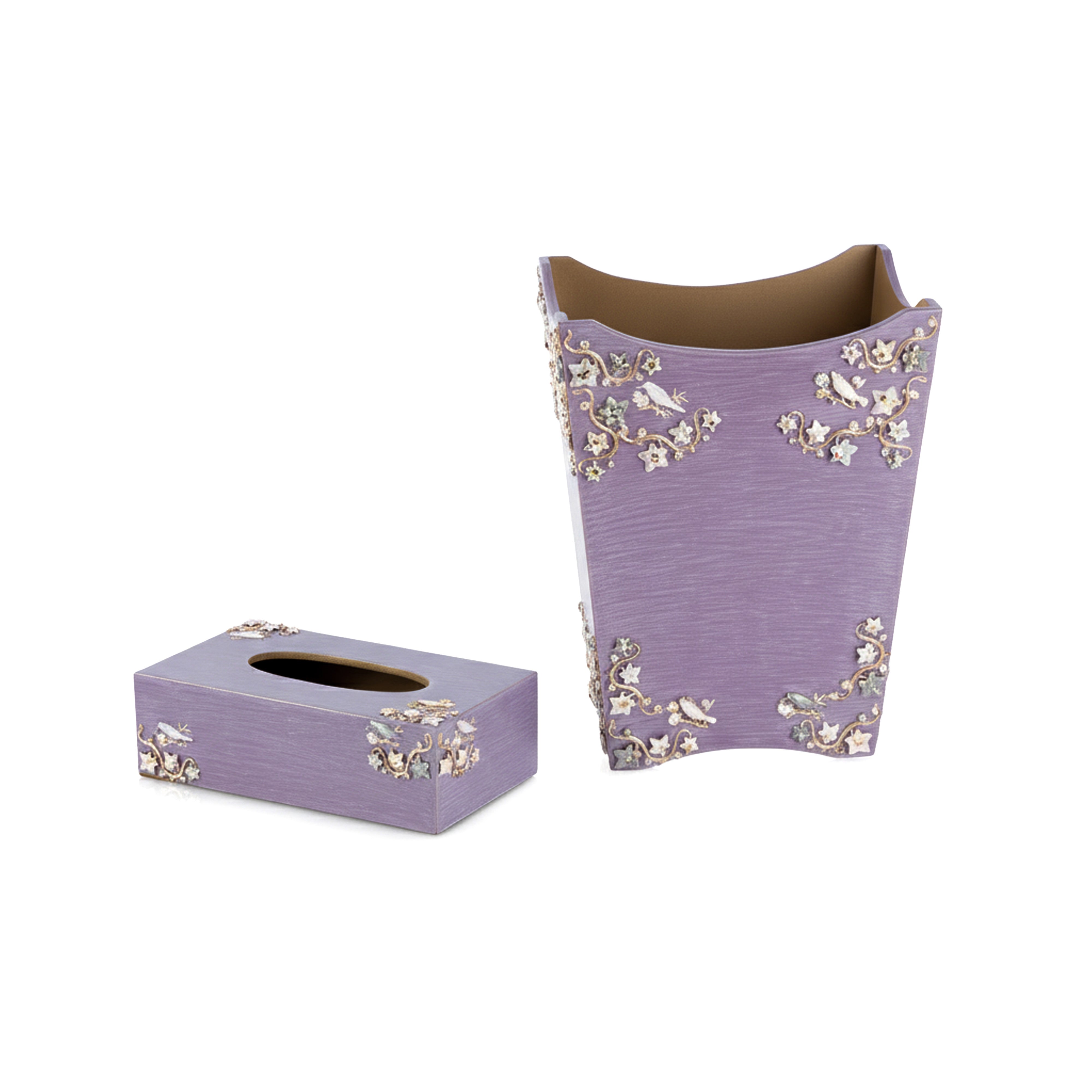 Mike + Ally. A Set of Purple Wastebasket & Tissue Box in Floral Design