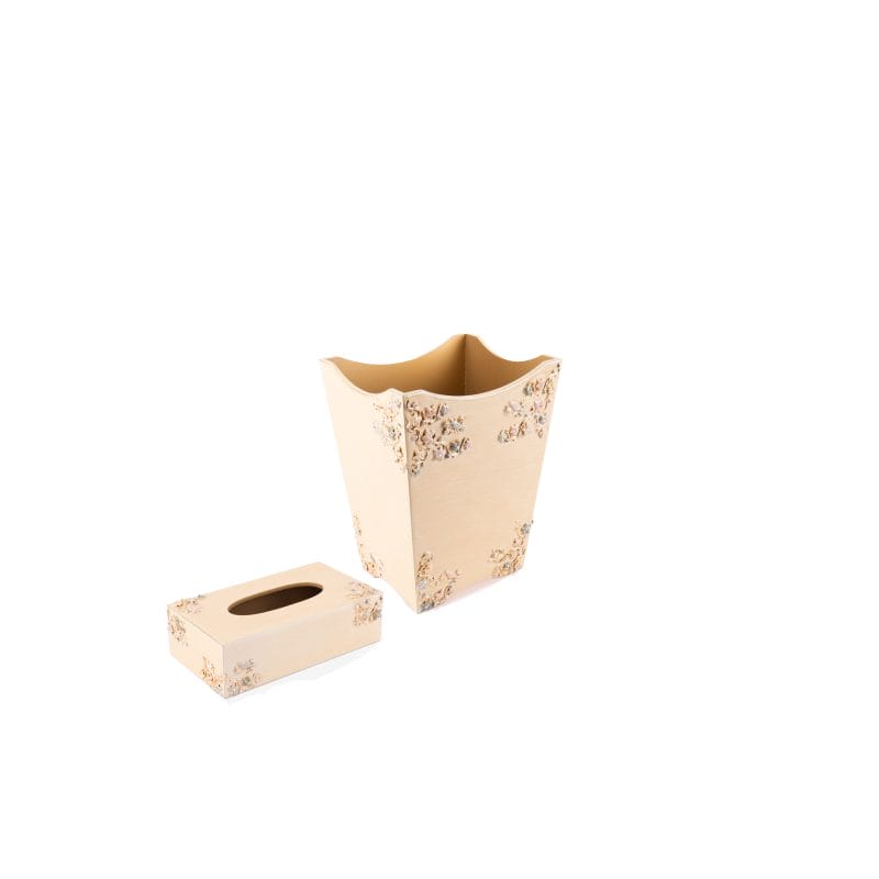 Mike + Ally. A Set of Yellow Wastebasket & Tissue Box in Floral Design