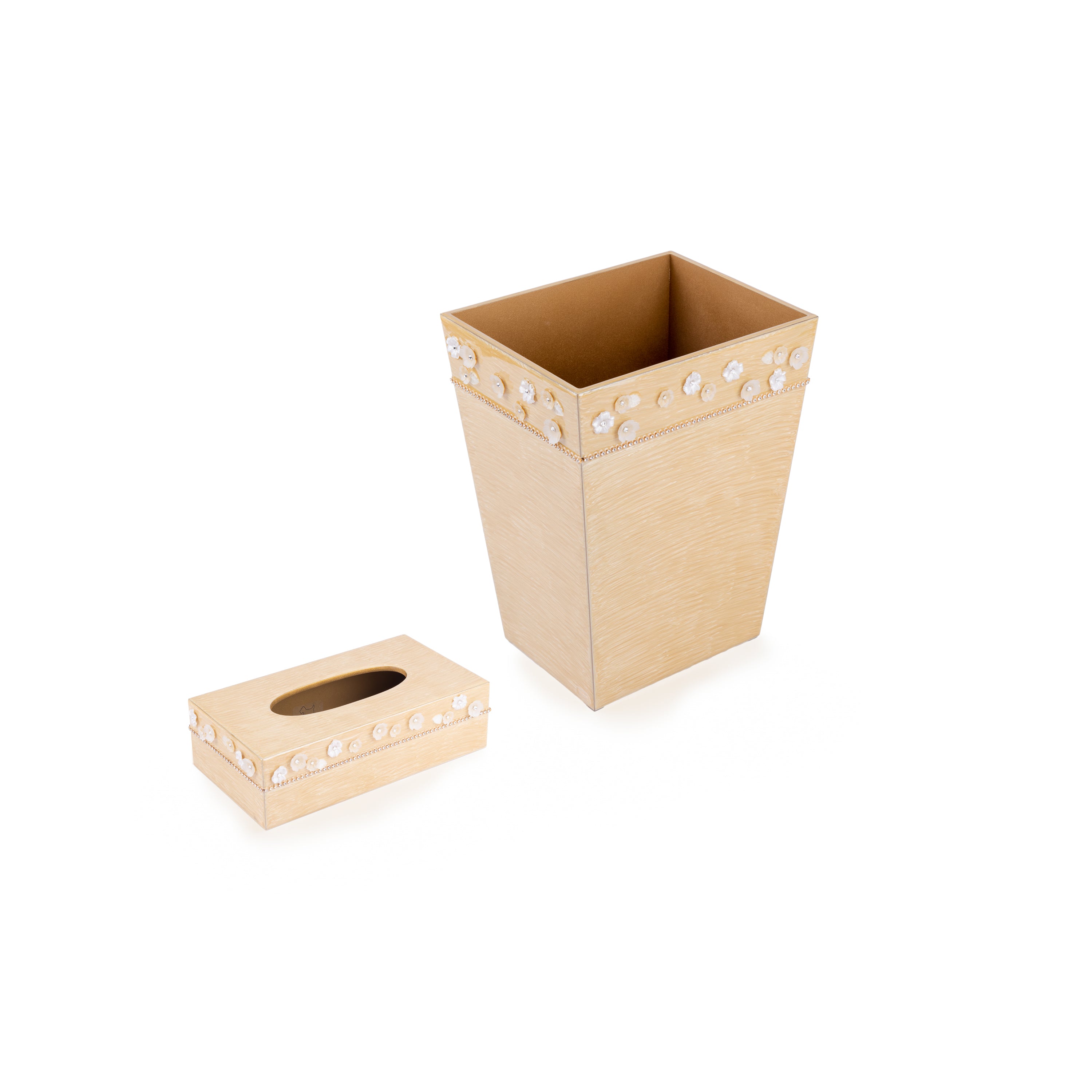 Mike + Ally. A Set of Gold Wastebasket & Tissue Box with Austrian Crystals