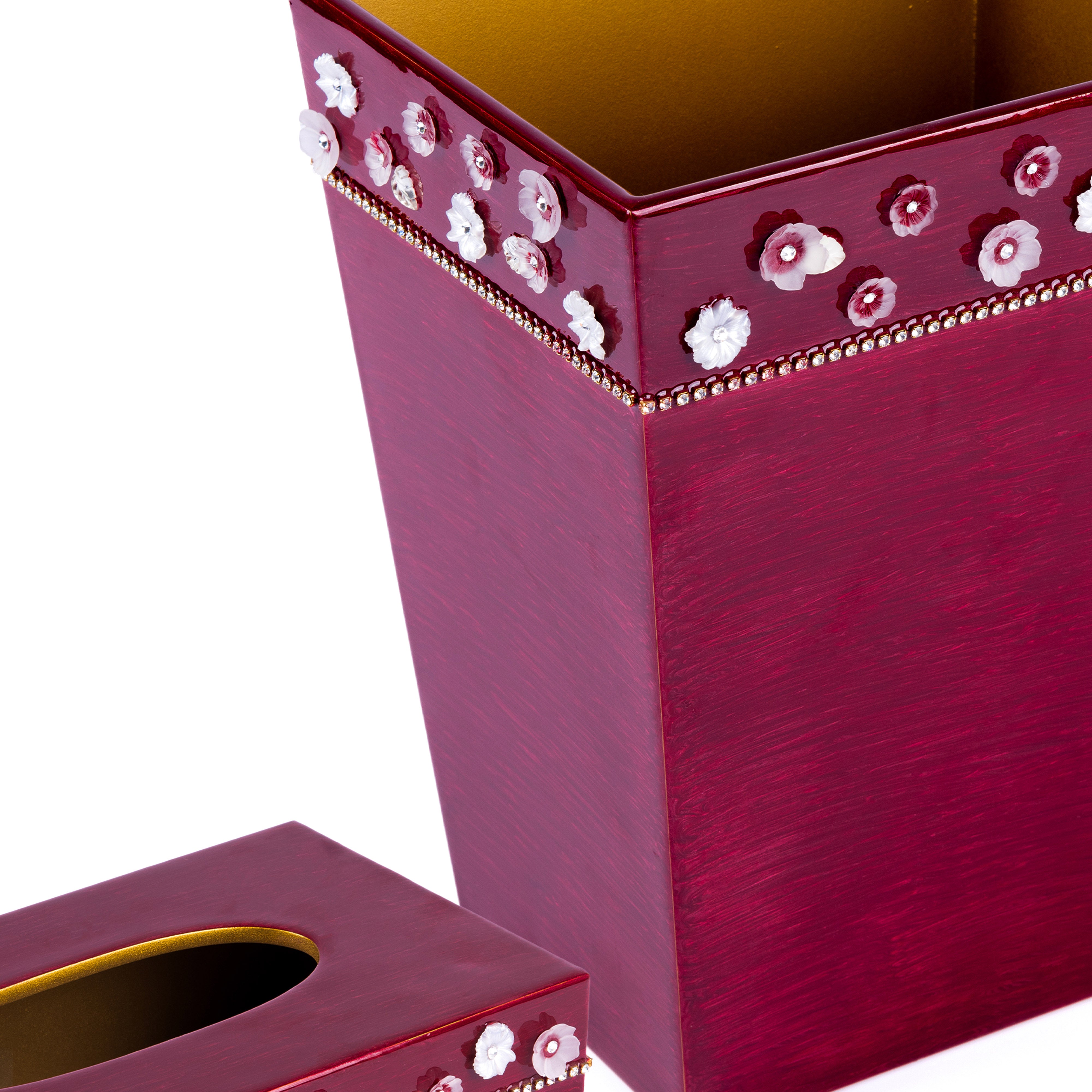 Mike + Ally. A Set of Burgundy Wastebasket & Tissue Box Designed with Flowers