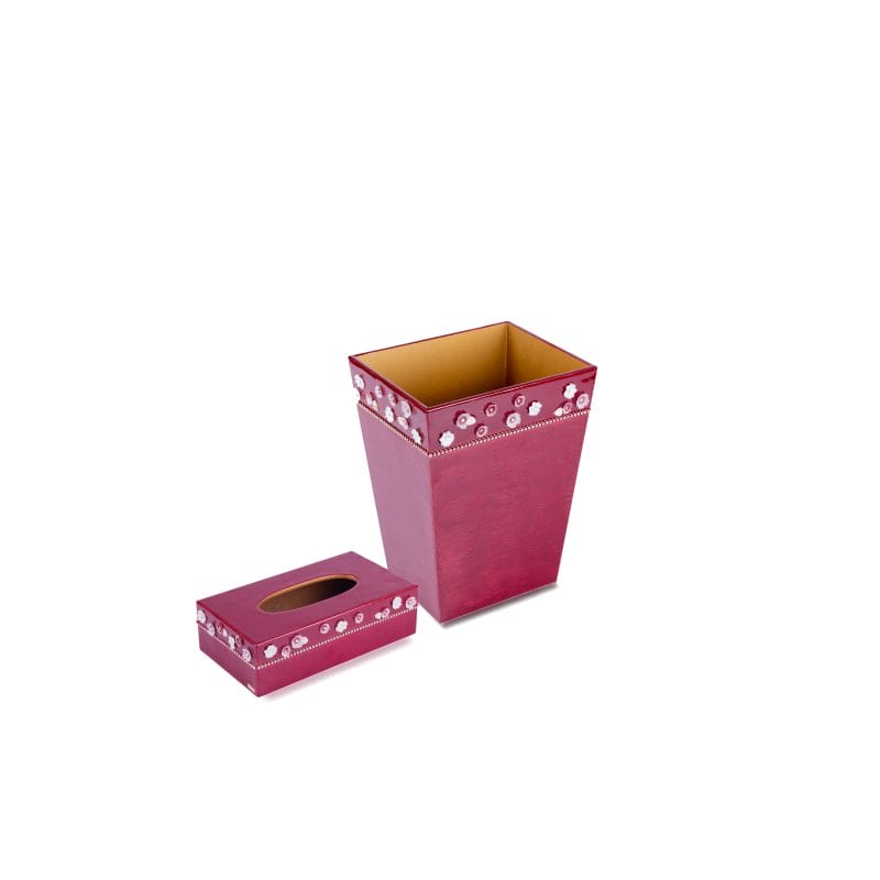 Mike + Ally. A Set of Burgundy Wastebasket & Tissue Box Designed with Flowers