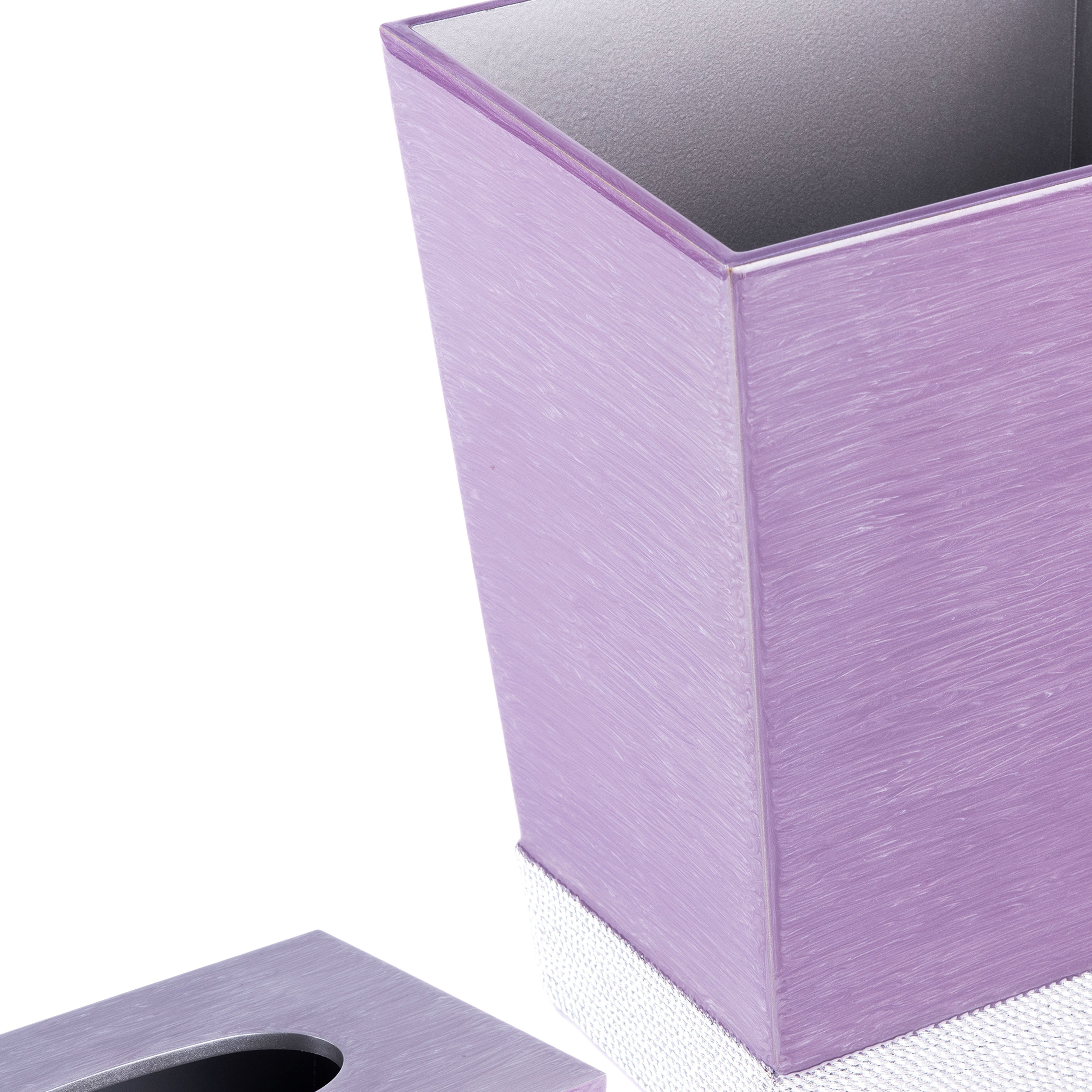 Mike + Ally. A Set of Purple Wastebasket & Tissue Box with Cord Trim