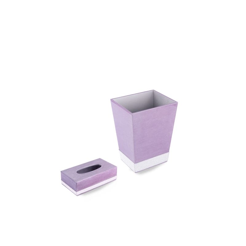 Mike + Ally. A Set of Purple Wastebasket & Tissue Box with Cord Trim