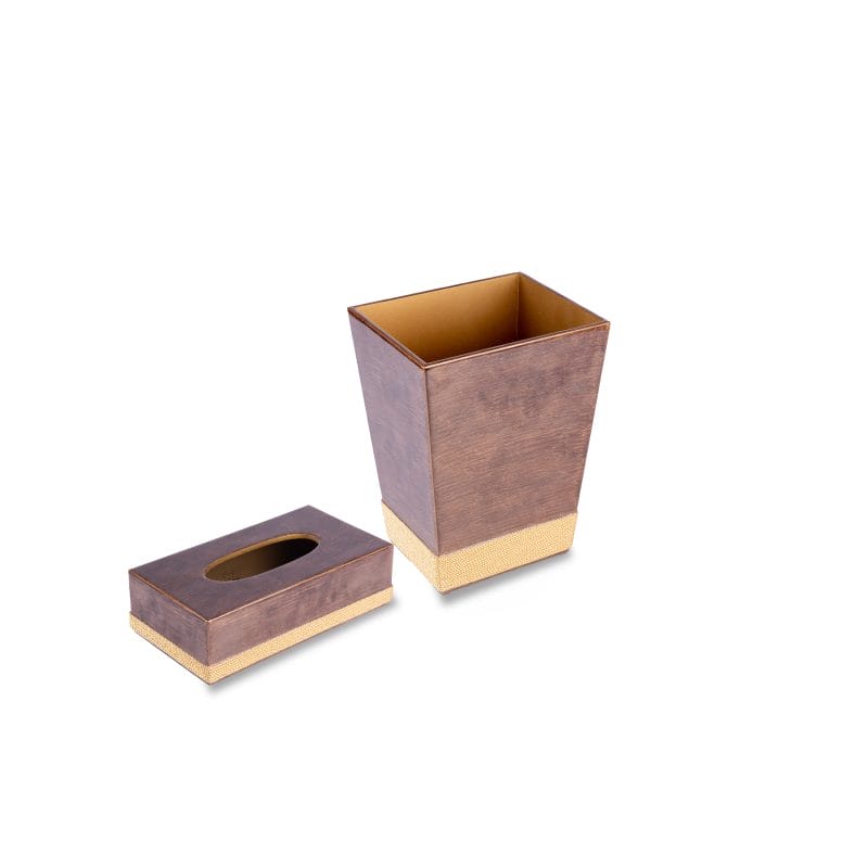 Mike + Ally. A Set of Brown Wastebasket & Tissue Box