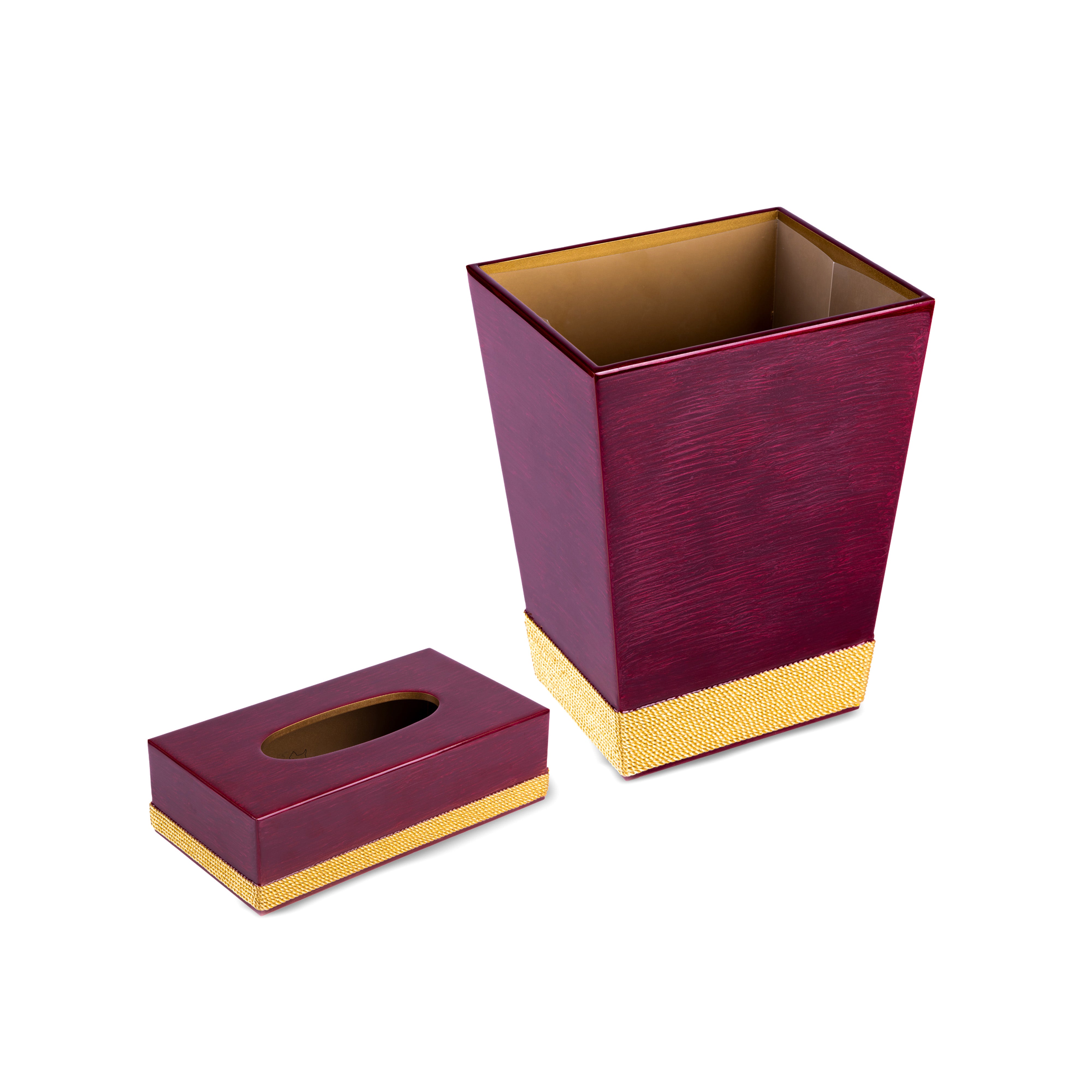 Mike + Ally. A Set of Burgundy Wastebasket & Tissue Box with Cord Trim