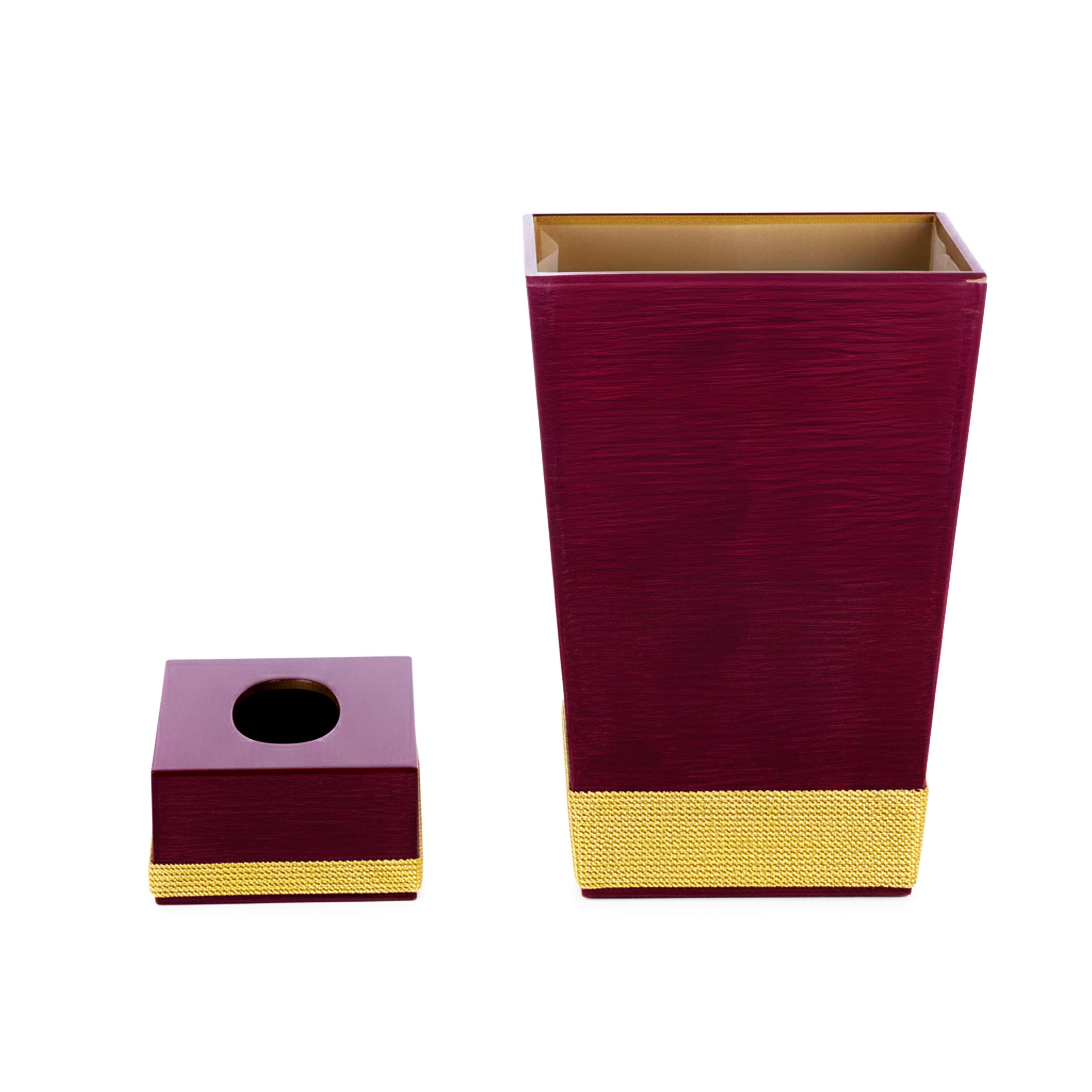 Mike + Ally. A Set of Burgundy Wastebasket & Tissue Box with Cord Trim