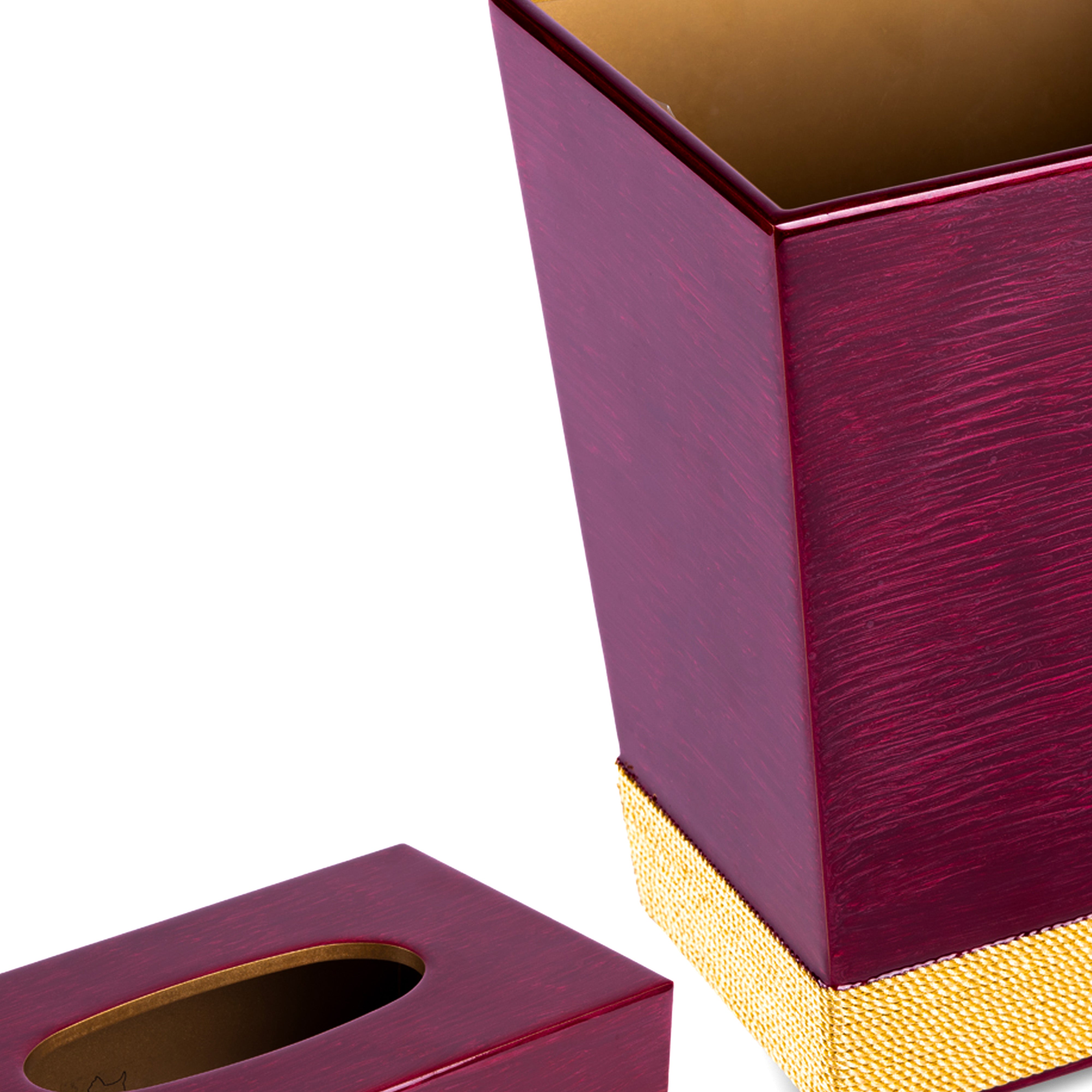 Mike + Ally. A Set of Burgundy Wastebasket & Tissue Box with Cord Trim