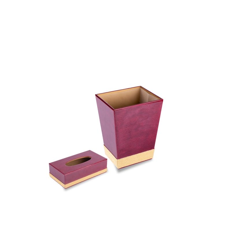 Mike + Ally. A Set of Burgundy Wastebasket & Tissue Box with Cord Trim