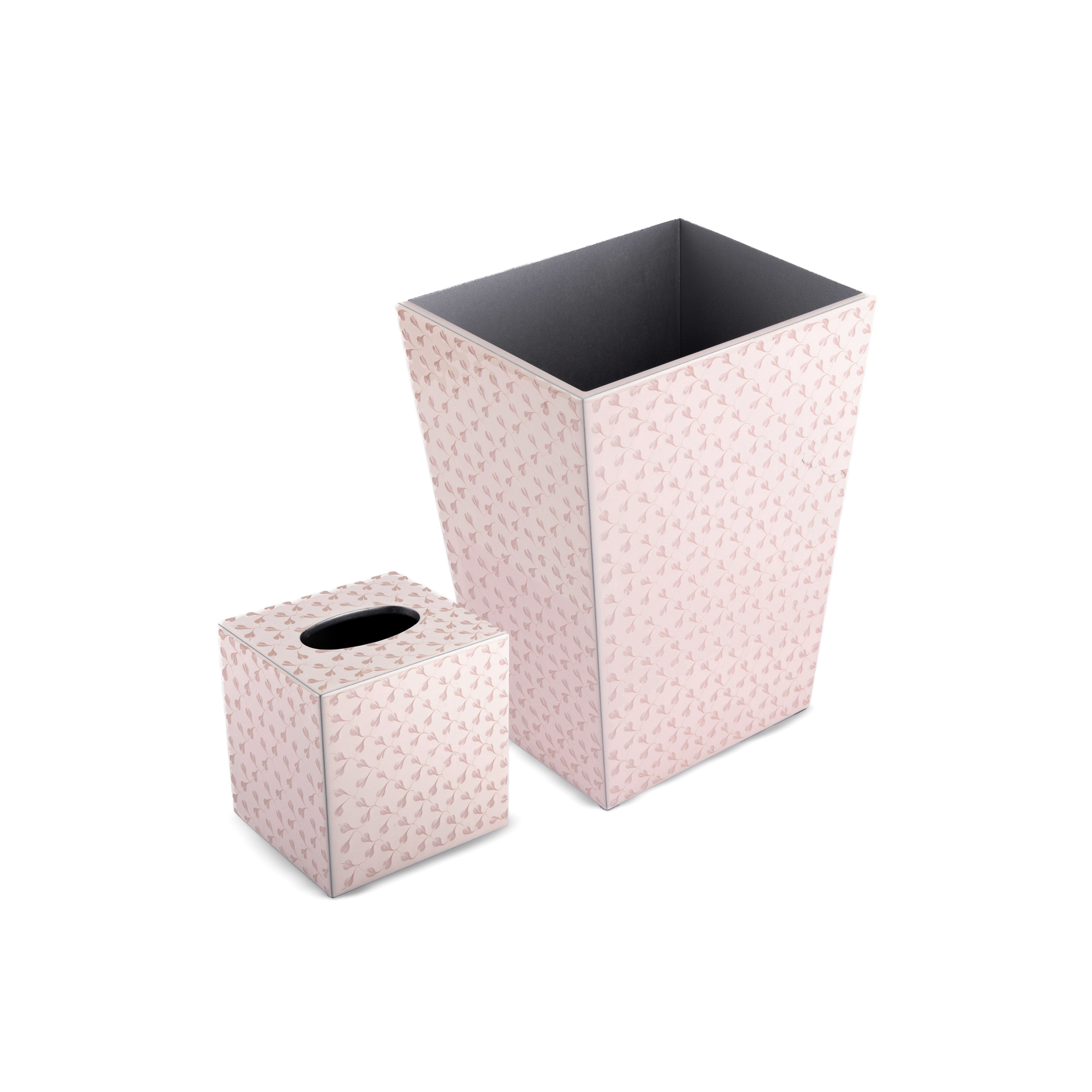 Mike + Ally. A Set of Pink Patterned Wastebasket & Tissue Box