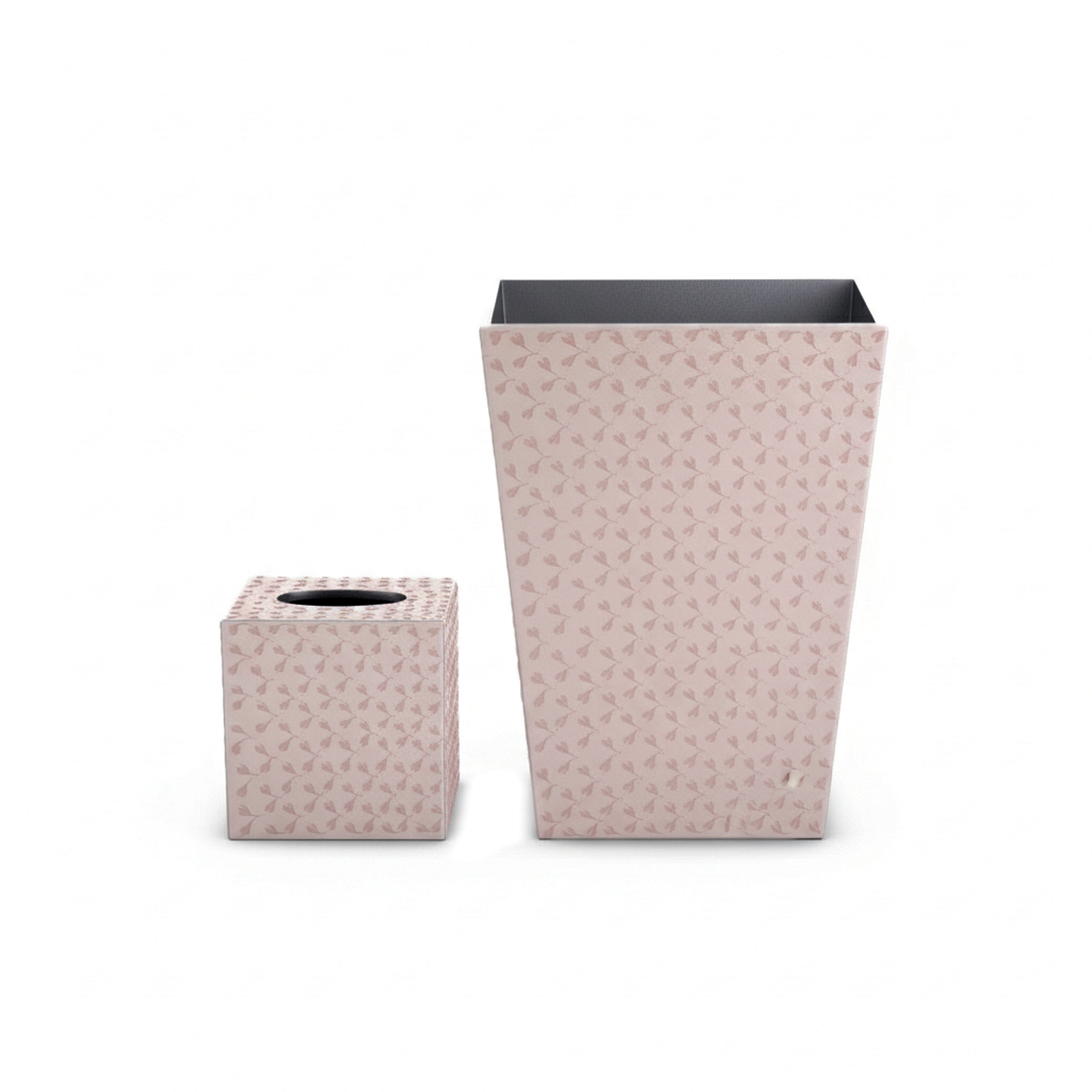 Mike + Ally. A Set of Pink Patterned Wastebasket & Tissue Box
