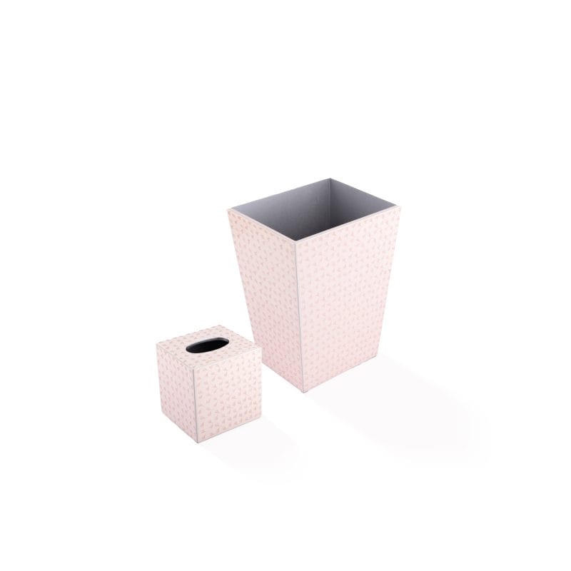Mike + Ally. A Set of Pink Patterned Wastebasket & Tissue Box