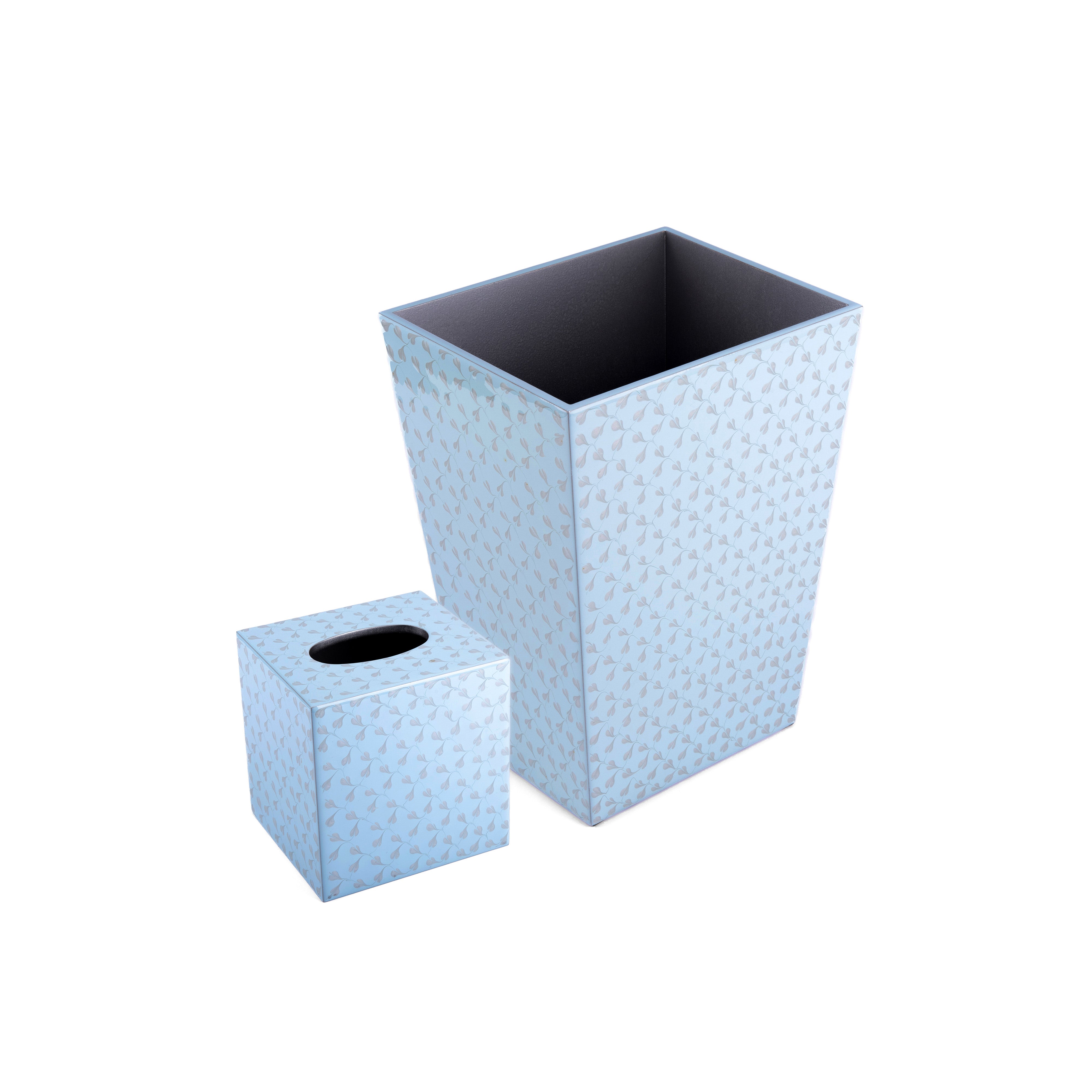 Mike + Ally. A Set of Blue Patterned Wastebasket & Tissue Box