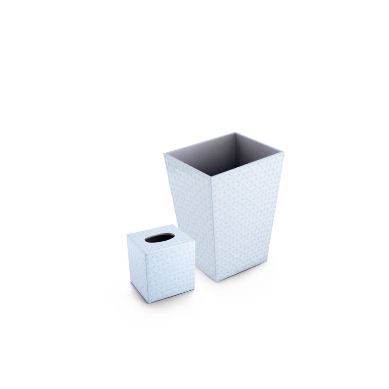 Mike + Ally. A Set of Blue Patterned Wastebasket & Tissue Box