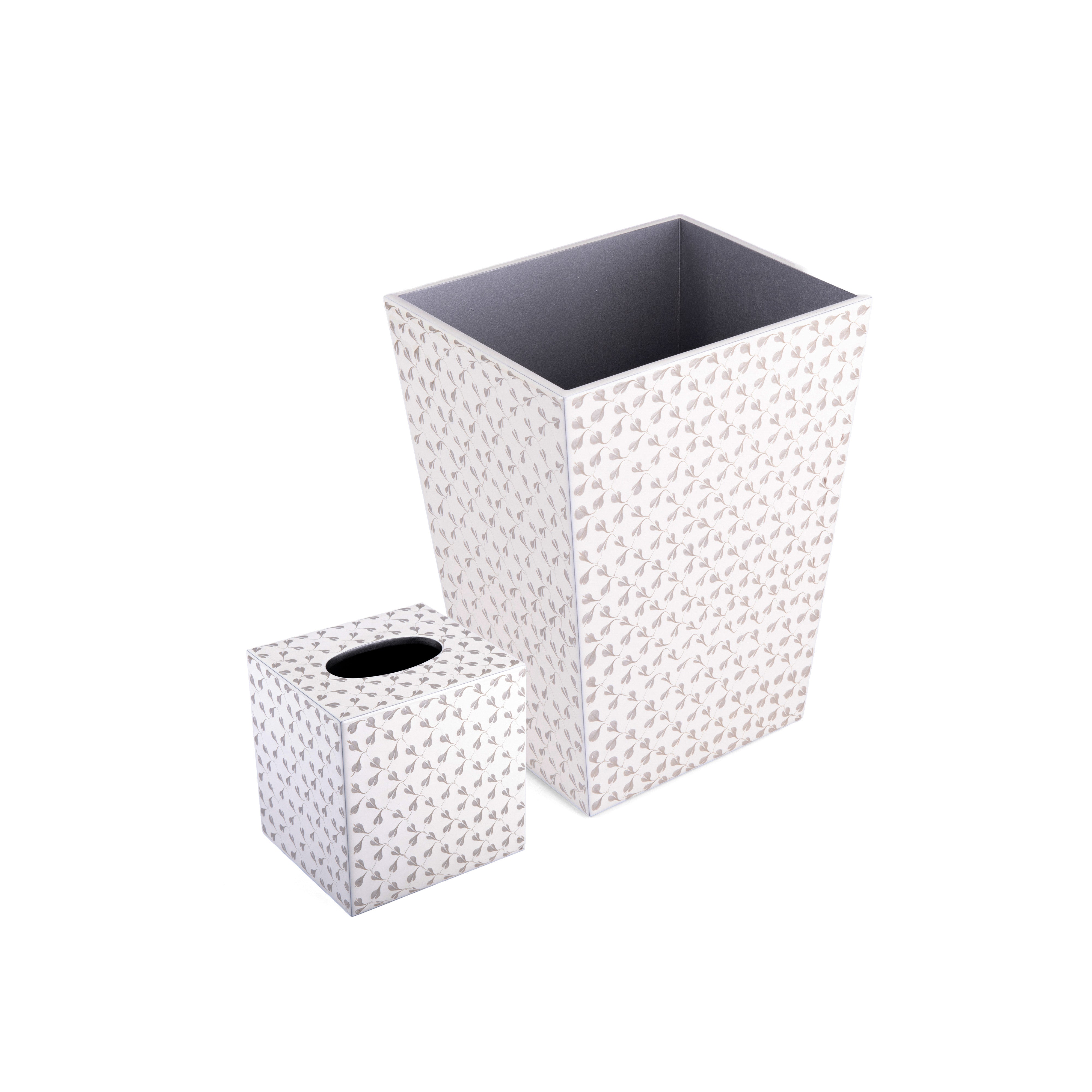 MIKE + ALLY. A SET OF PATTERNED *GREY* WASTEBASKET & TISSUE BOX