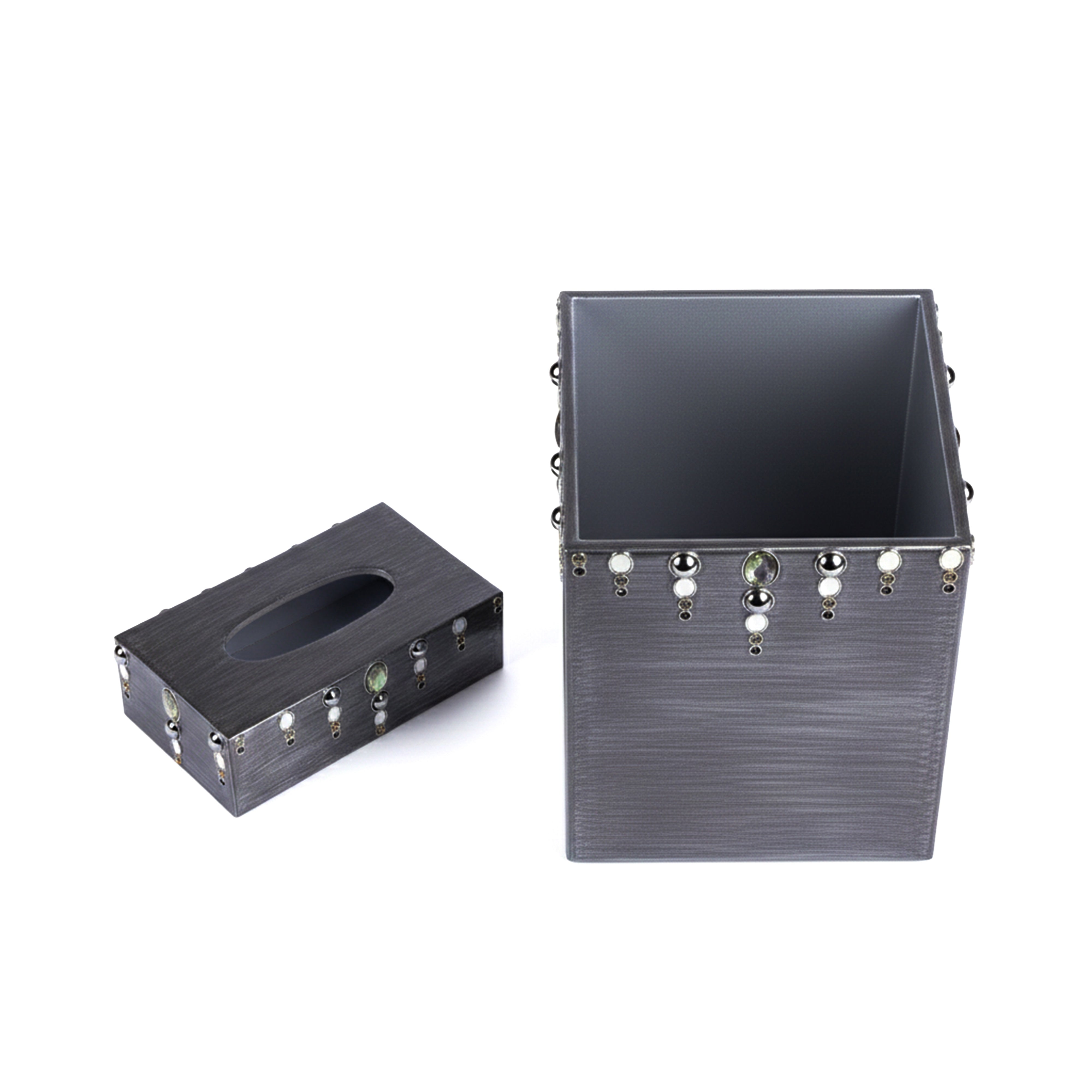 Mike + Ally. A set of Grey Wastebasket & Tissue Box Studded with Stones