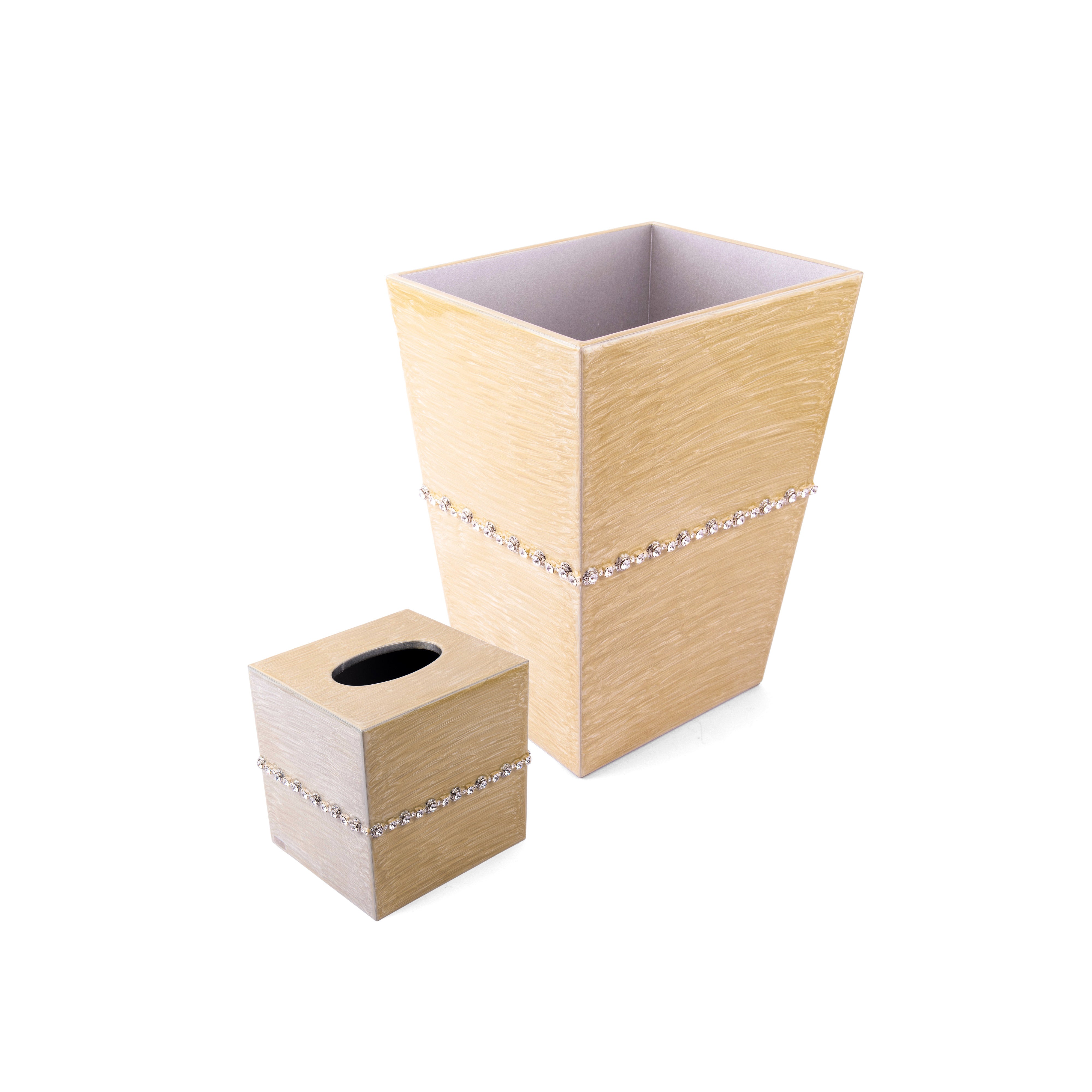 Mike + Ally. A Set of Beige Wastebasket & Tissue Box with Crystal Trim