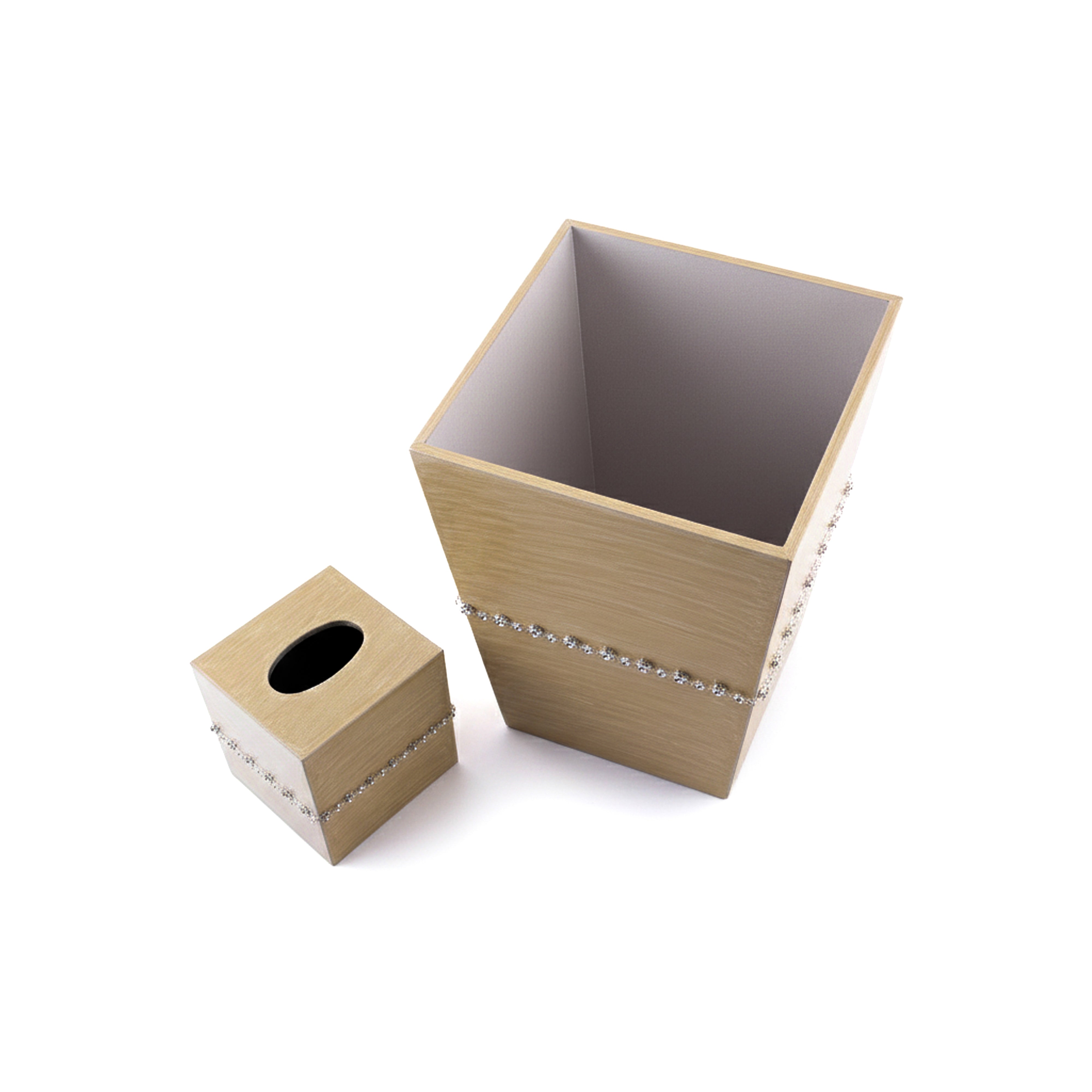 Mike + Ally. A Set of Beige Wastebasket & Tissue Box with Crystal Trim