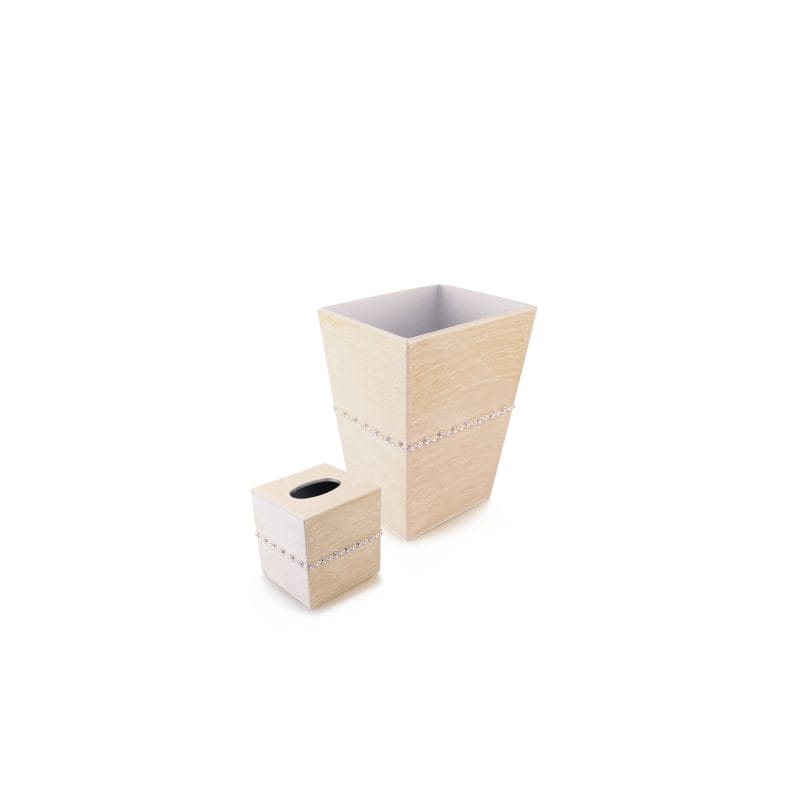 Mike + Ally. A Set of Beige Wastebasket & Tissue Box with Crystal Trim