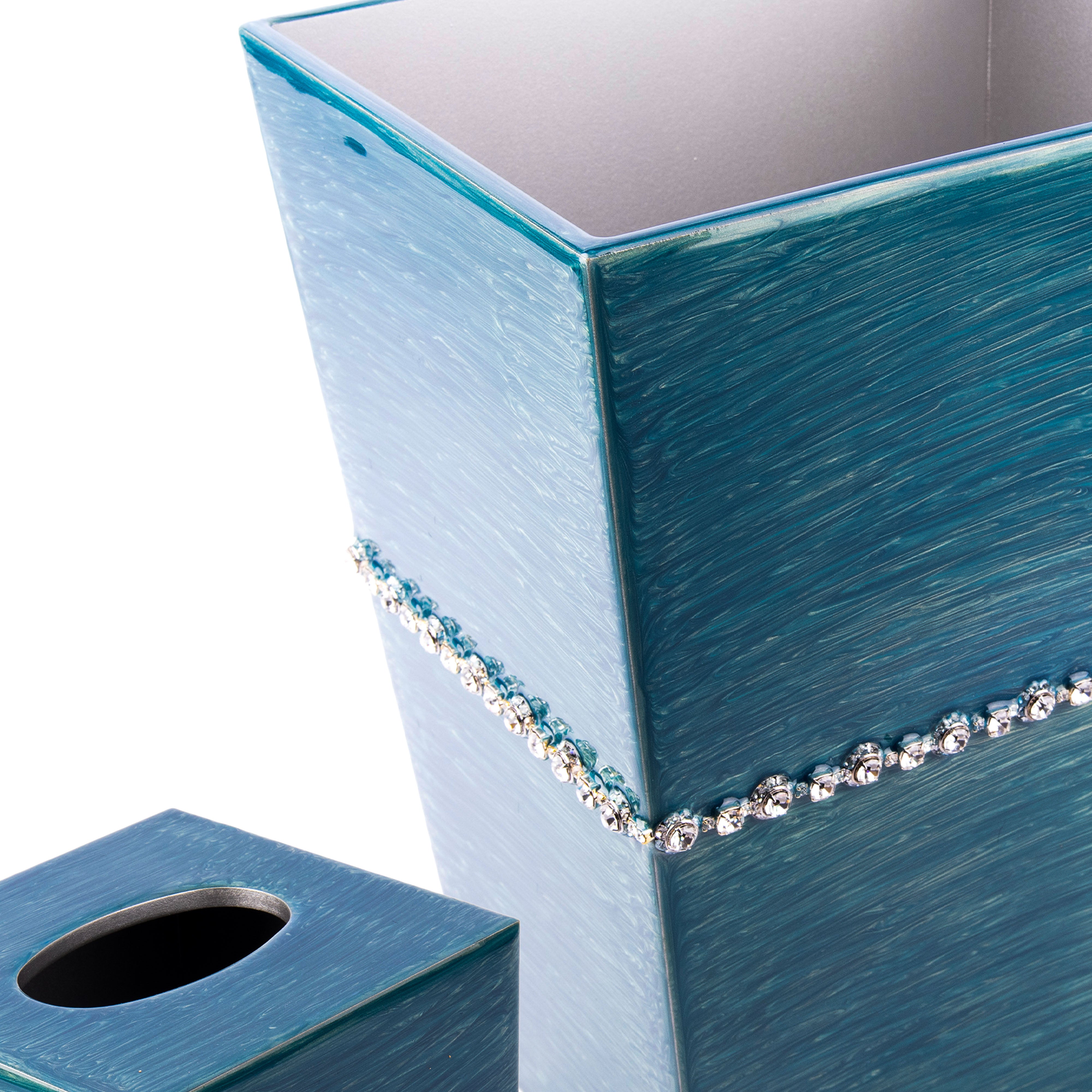 Mike + Ally. A Set of Turquoise Blue Wastebasket & Tissue Box with Austrian Crystals Trim
