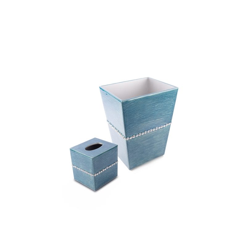 Mike + Ally. A Set of Turquoise Blue Wastebasket & Tissue Box with Austrian Crystals Trim
