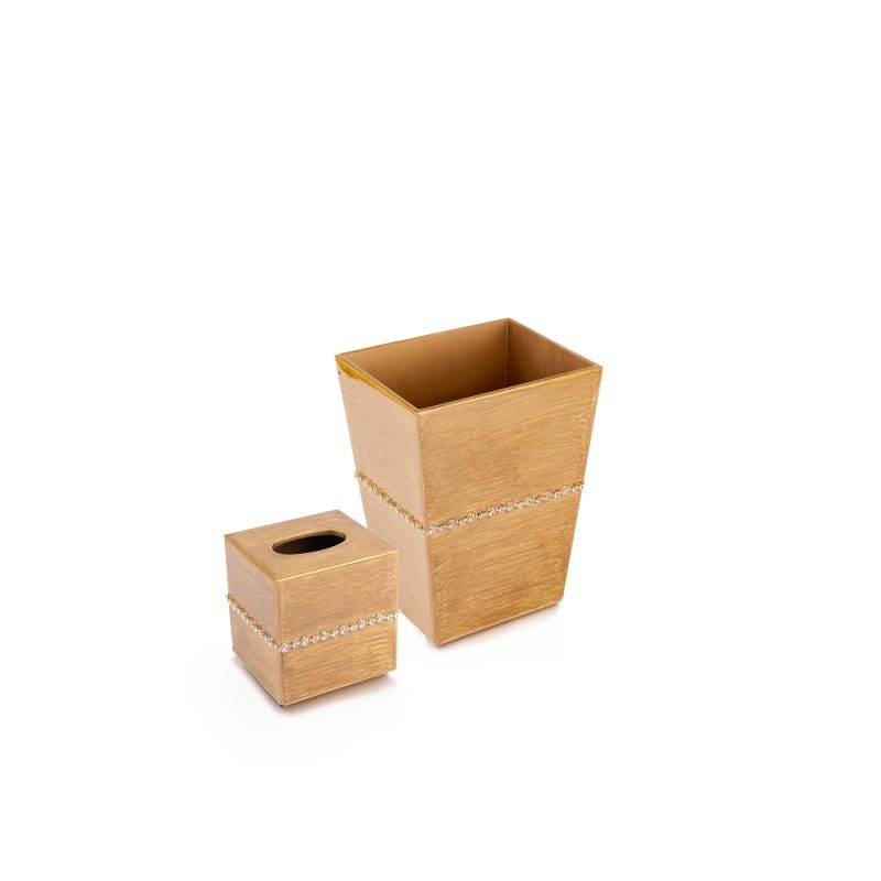 Mike + Ally. A Set of Golden Wastebasket & Tissue Box with Crystal Trim