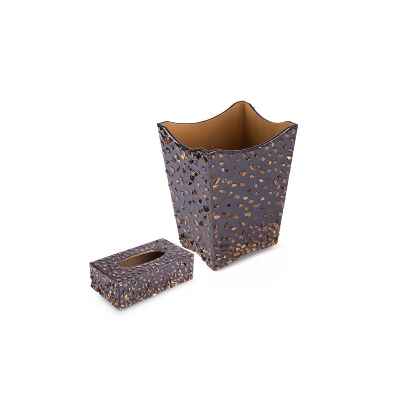 Mike + Ally. A Set of Brown Wastebasket & Tissue Box Studded with Stones