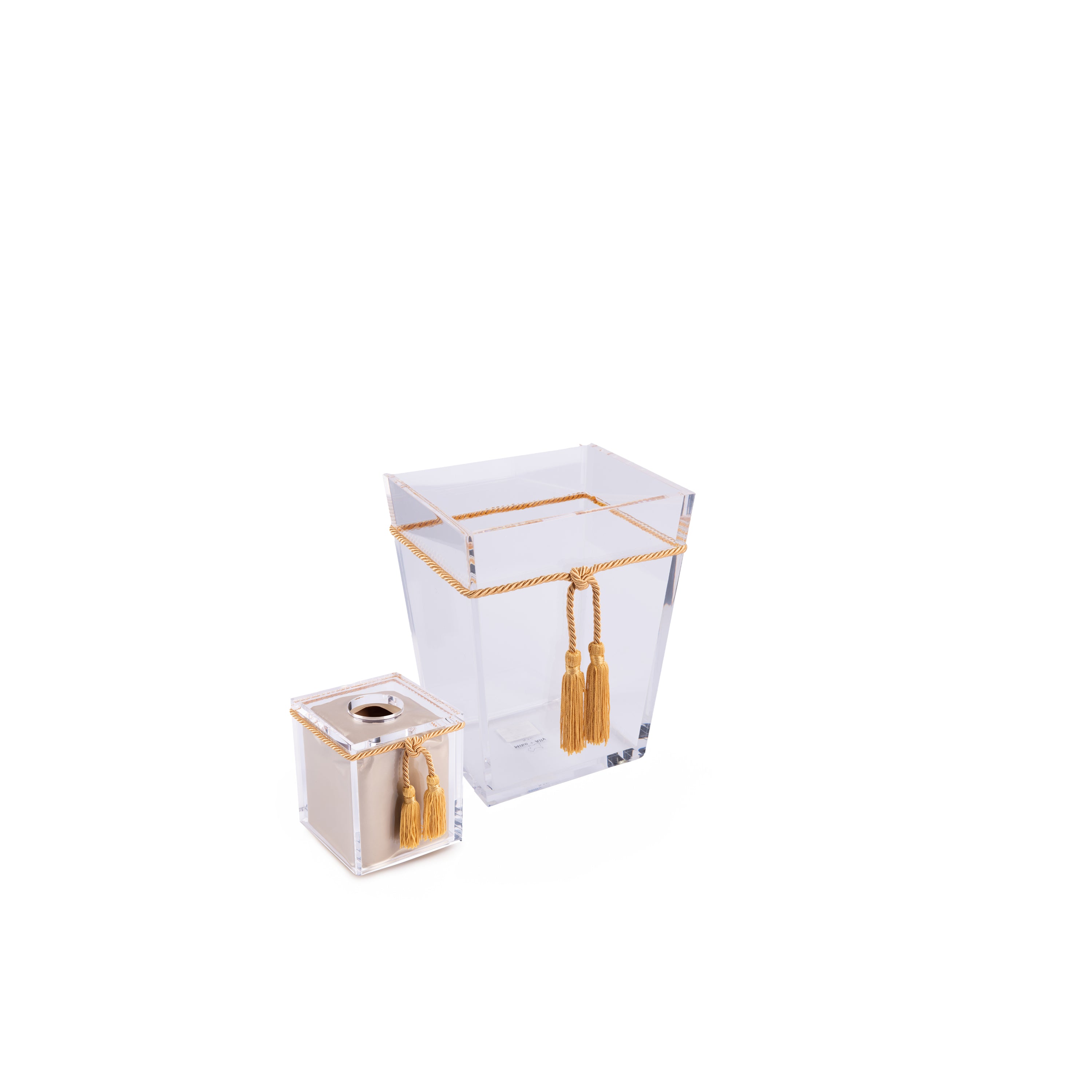Mike + Ally. A set of Plexiglass Wastebasket & Tissue Box With Golden Ribbon