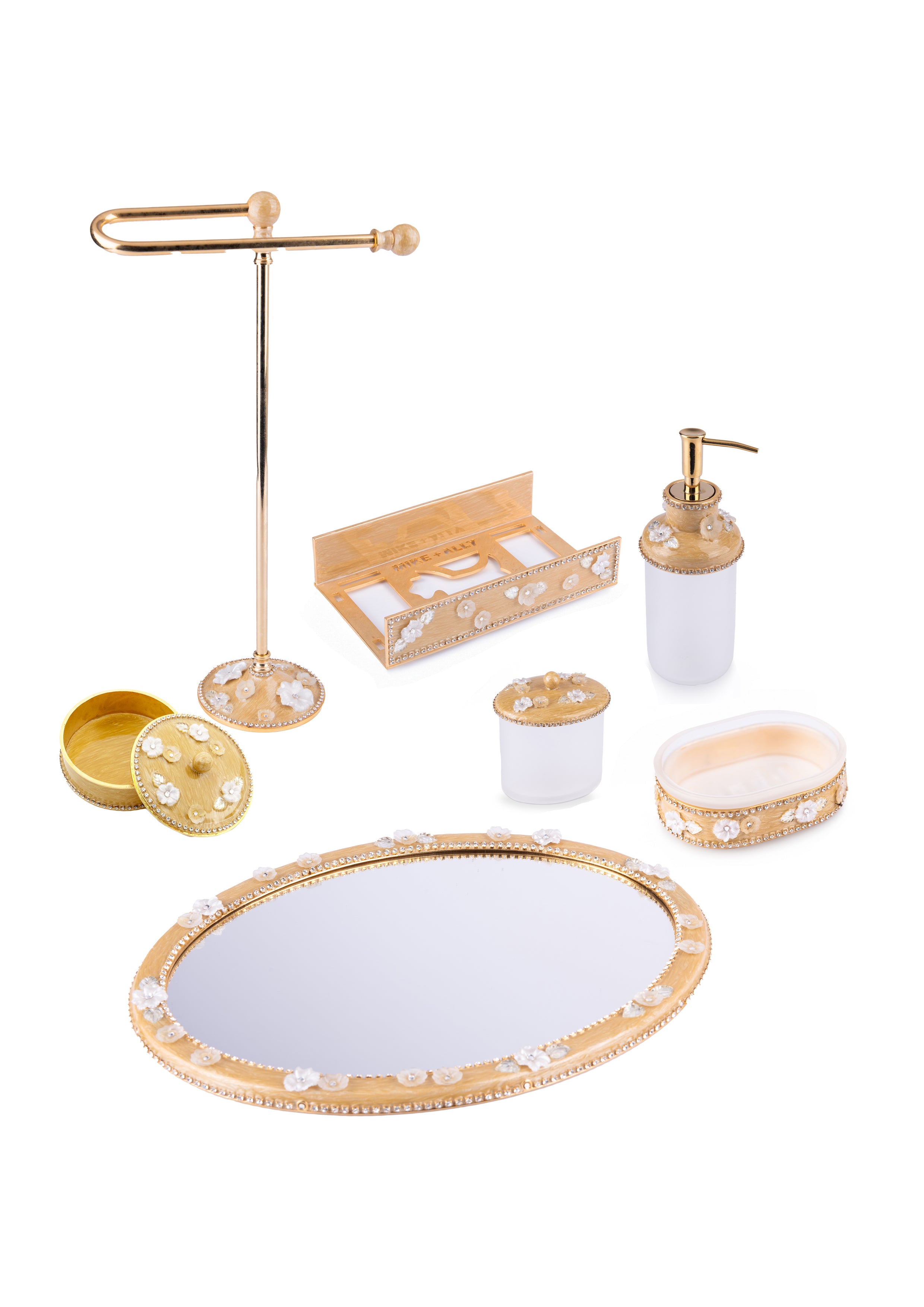 Mike + Ally. Gold Chantilly Bathroom Accessories Set.