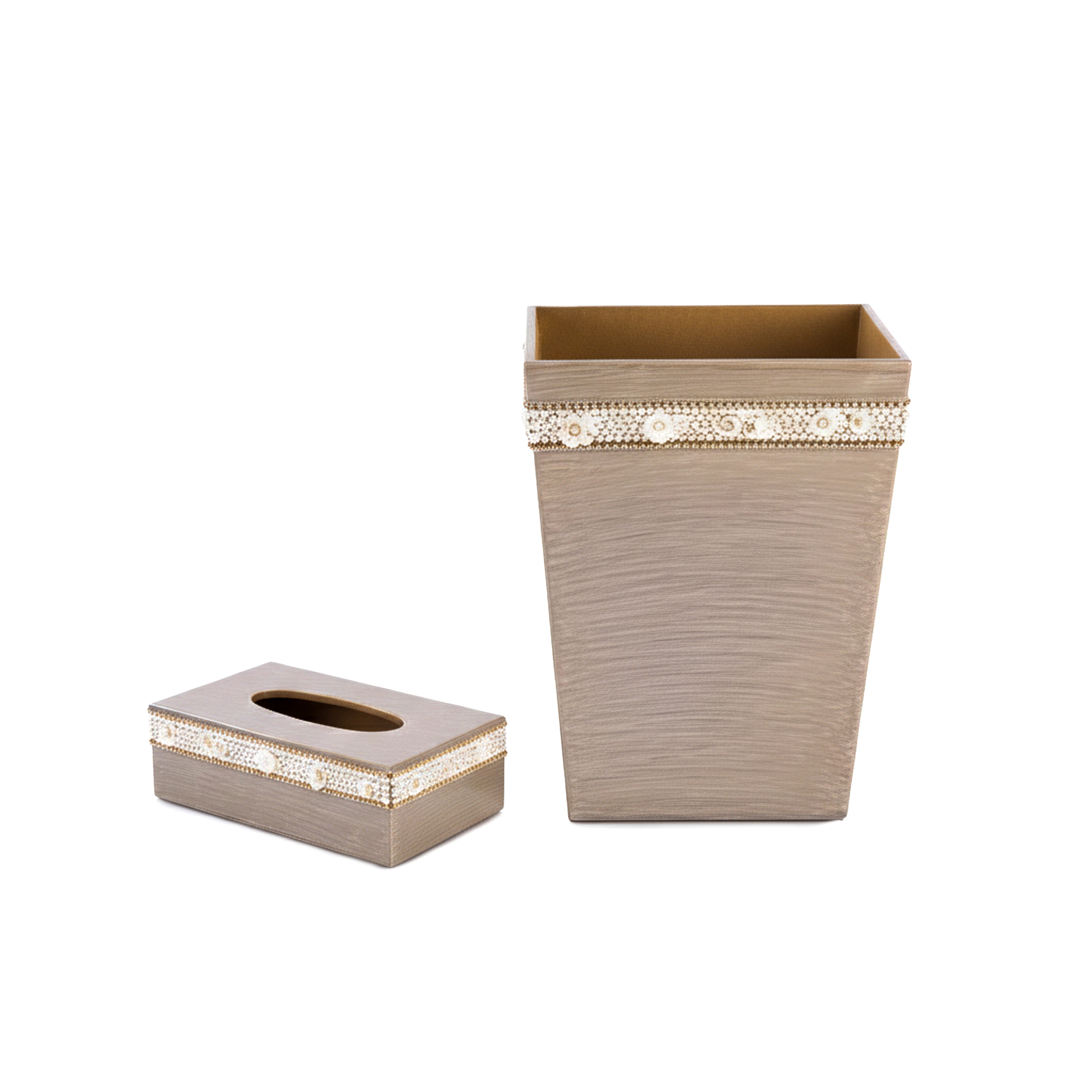 Mike + Ally. A Set of Beige Wastebasket & Tissue Box with Crystal Trim