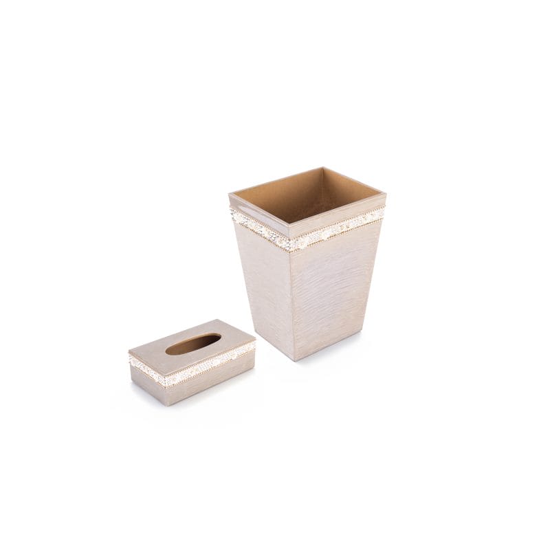 Mike + Ally. A Set of Beige Wastebasket & Tissue Box with Crystal Trim