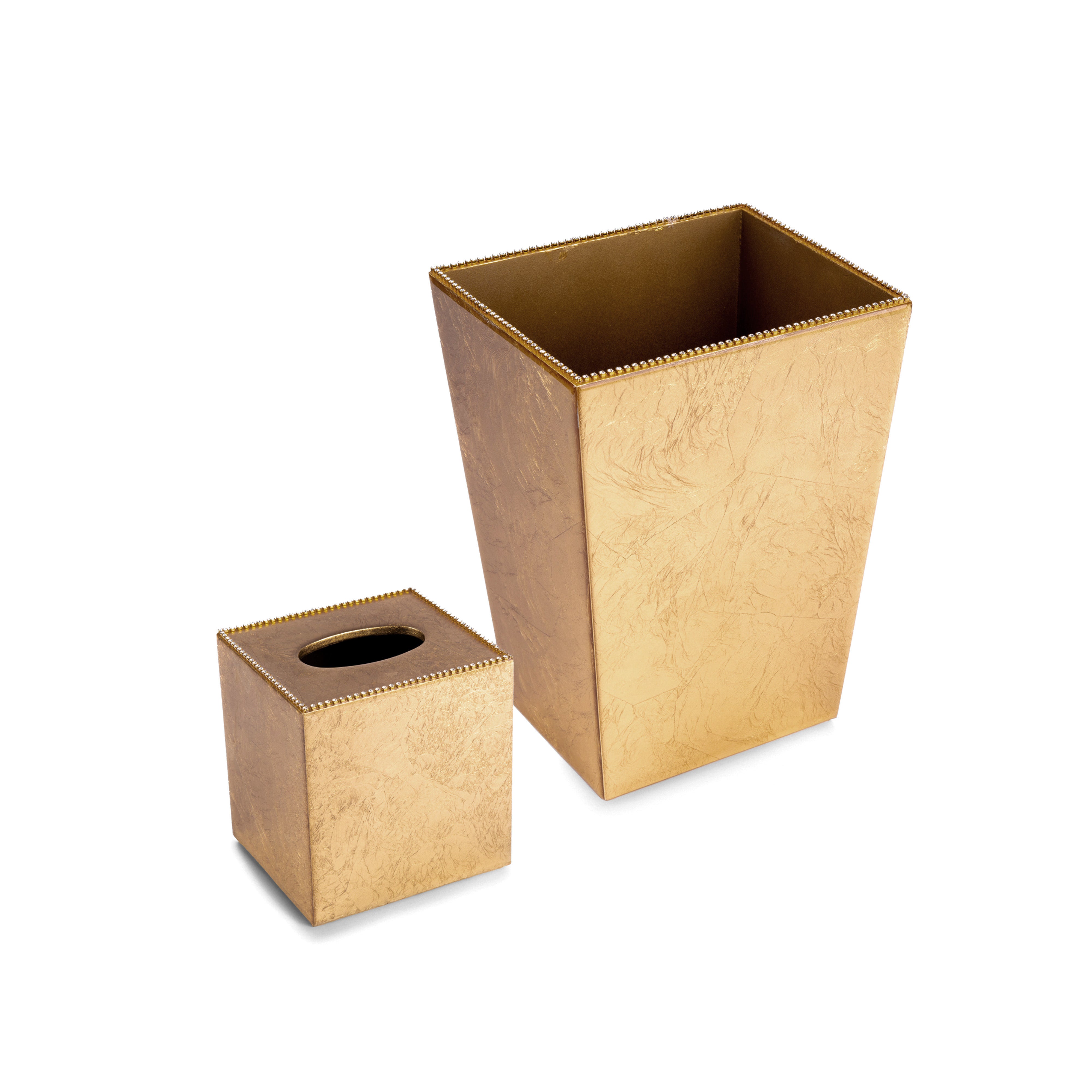 Mike + Ally. A Set of Gold Wastebasket & Tissue with Crystal Trim