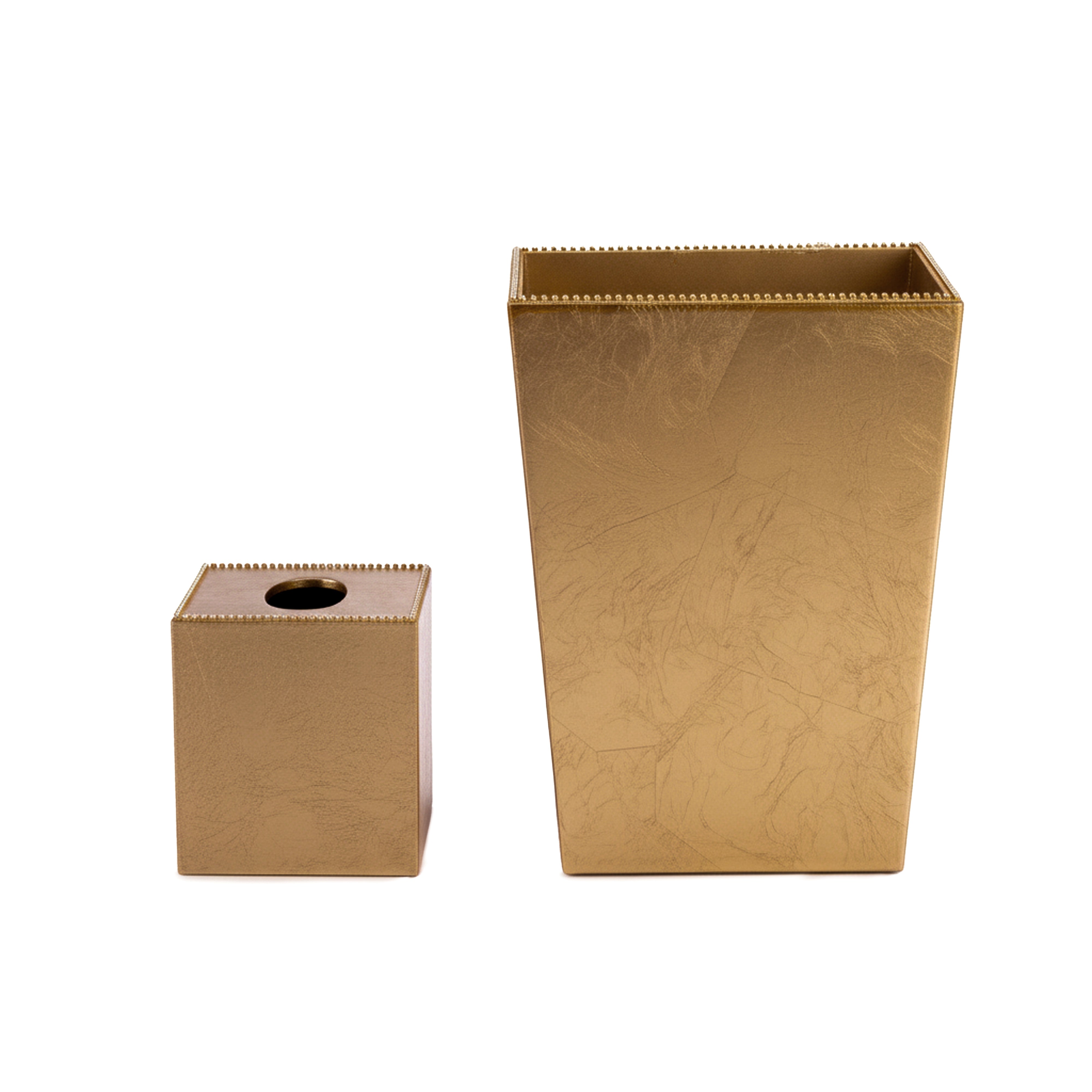 Mike + Ally. A Set of Gold Wastebasket & Tissue with Crystal Trim