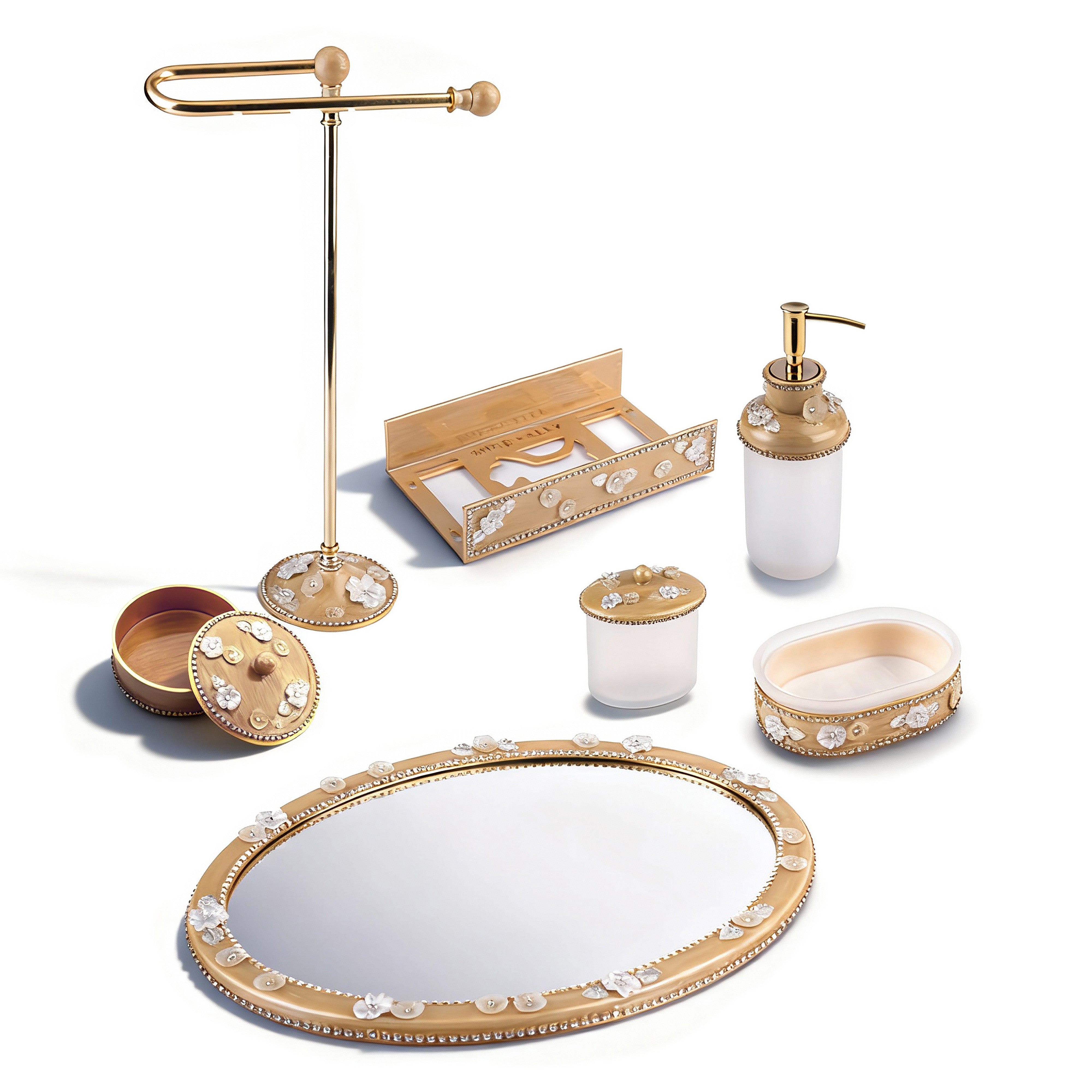 Mike + Ally. Gold Chantilly Bathroom Accessories Set.