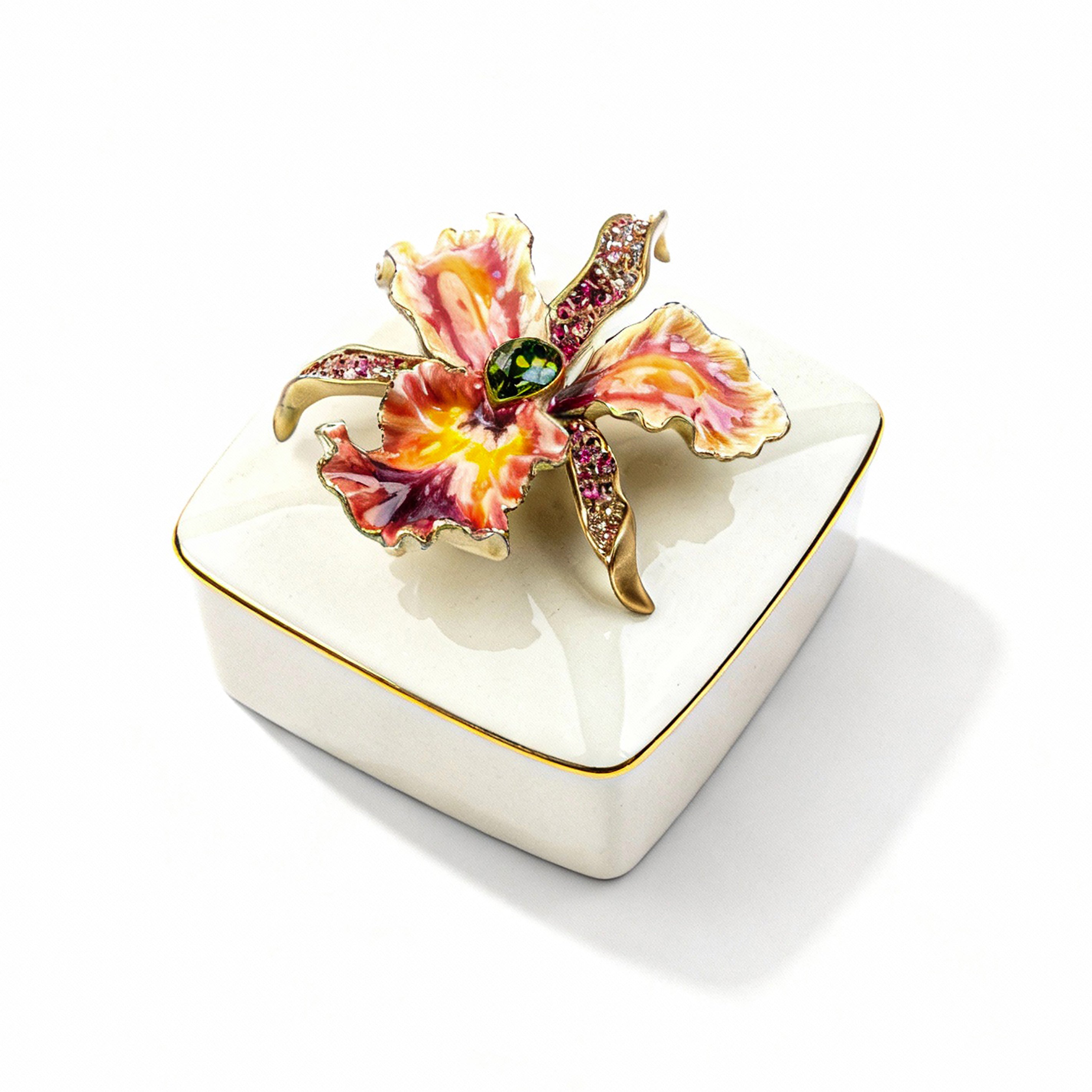 Jay Strongwater. Oriana Orchid Porcelain Souvenir Box. Small Size