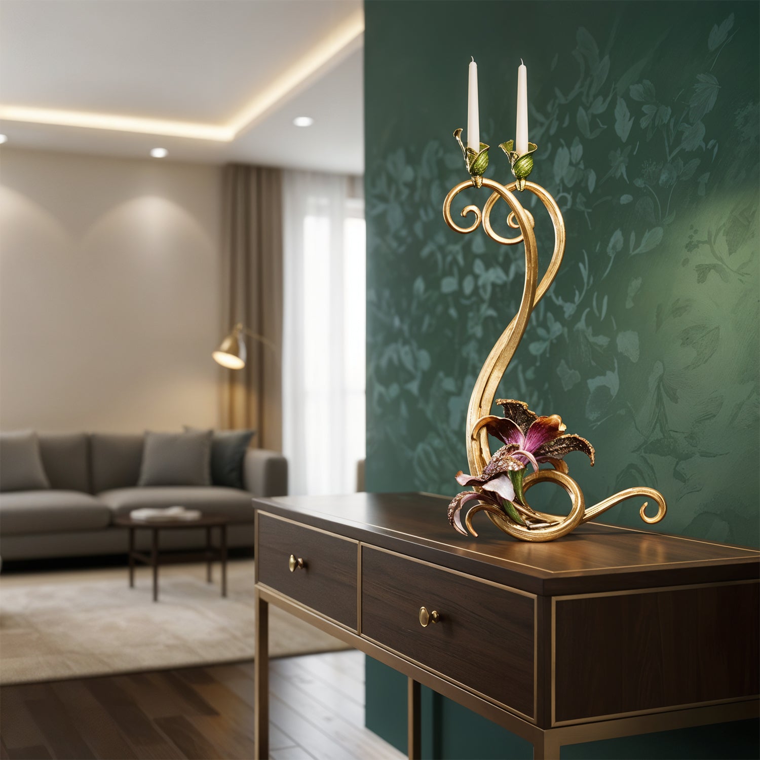 Jay Strongwater. Roselyn Orchid Double Candlestick Studded with Swarovski. Large Size