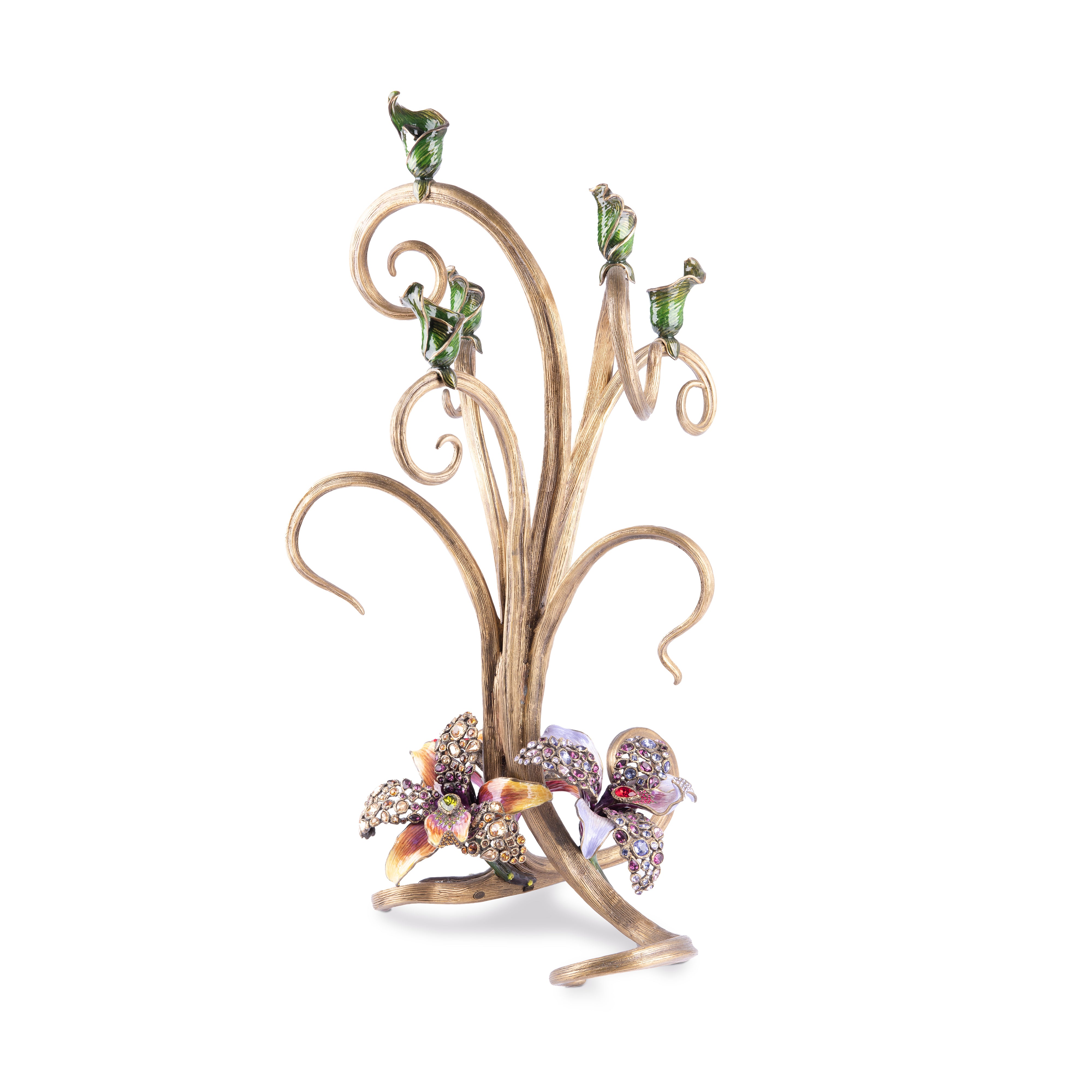 Jay Strongwater. Gilded Roselyn Orchid Candlestick – Studded with Swarovski