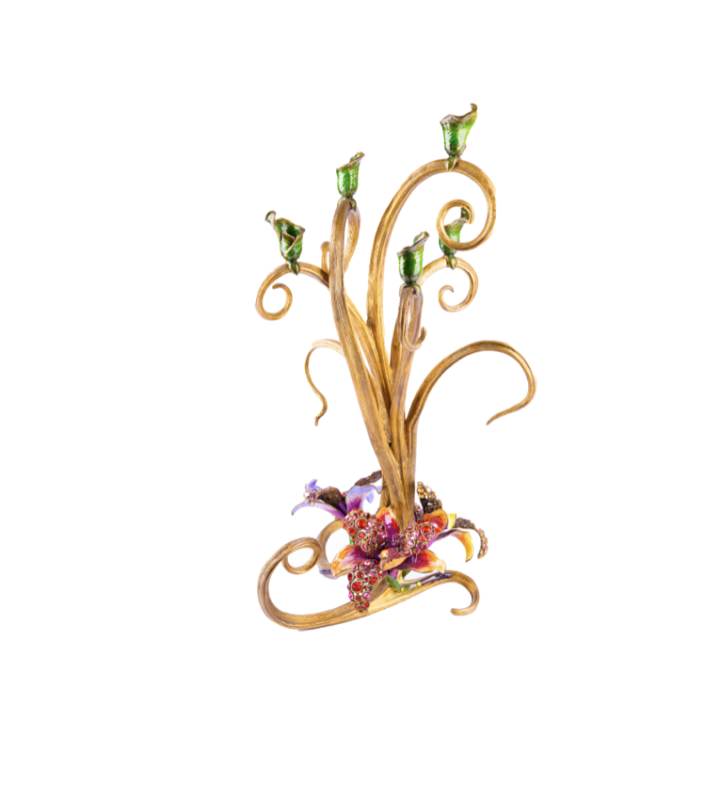 Jay Strongwater. Gilded Roselyn Orchid Candlestick – Studded with Swarovski