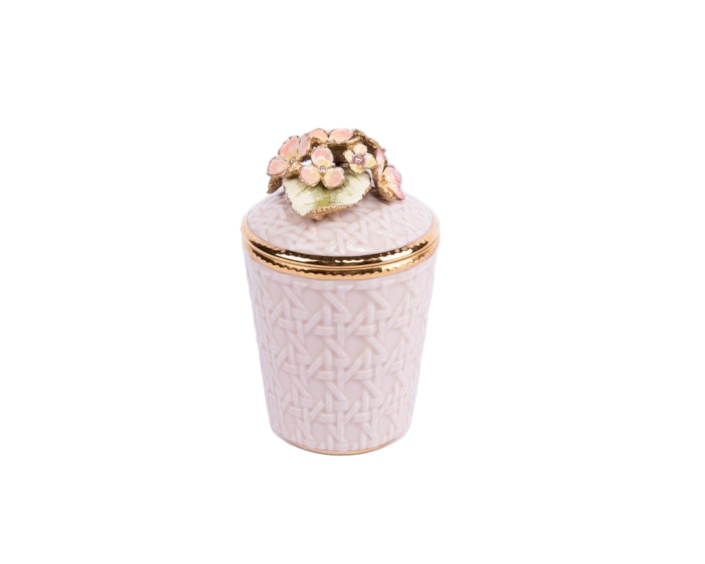 Jay Strongwater. Pink Gilded Floral Scented Candle Vessel Studded with Swarovski