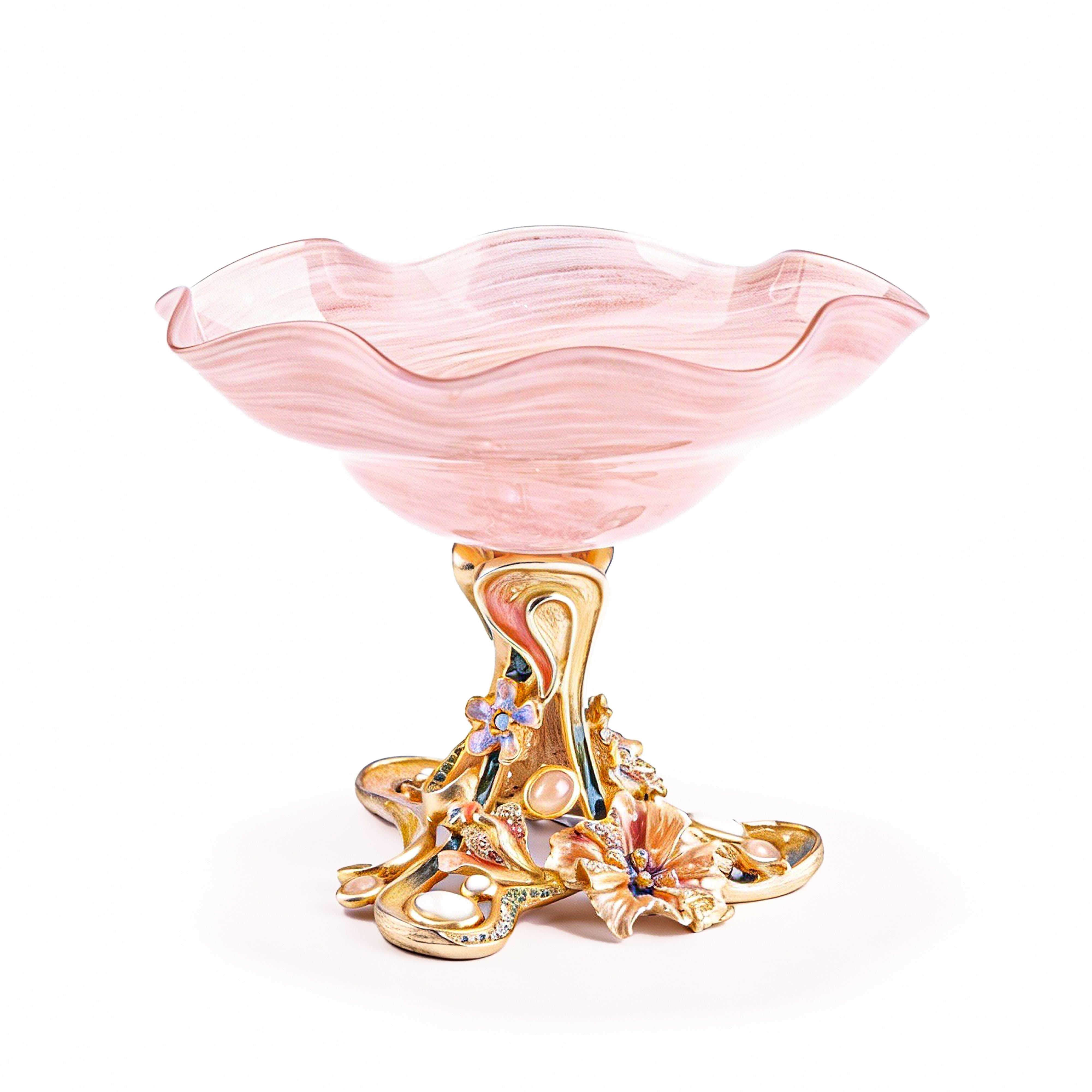 Jay Strongwater. Floral Pedestal Dish Studded with Swarovski. 14K Gold Plated