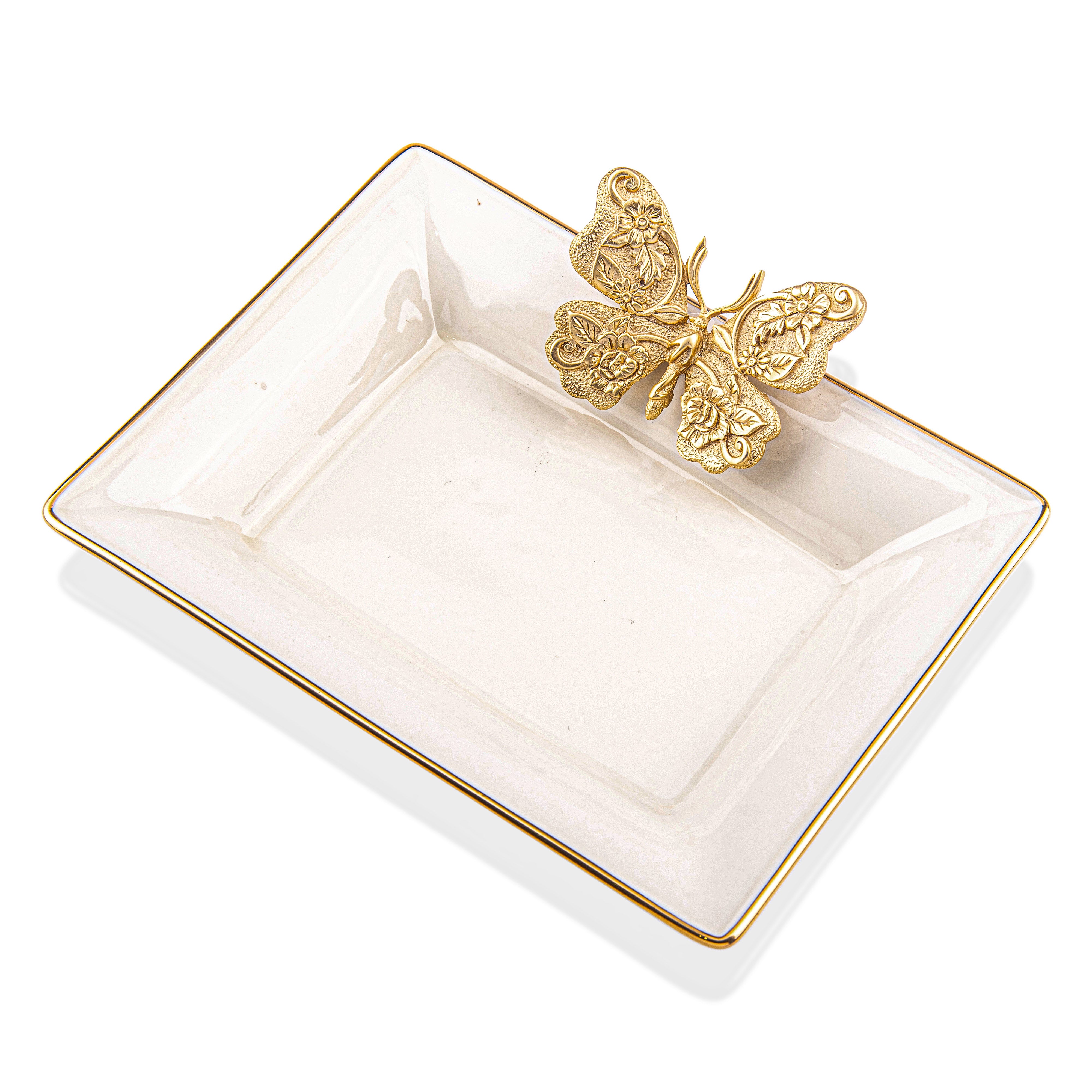 Jay Strongwater. Velma Porcelain Butterfly Gold Decorative Plate. Medium Size