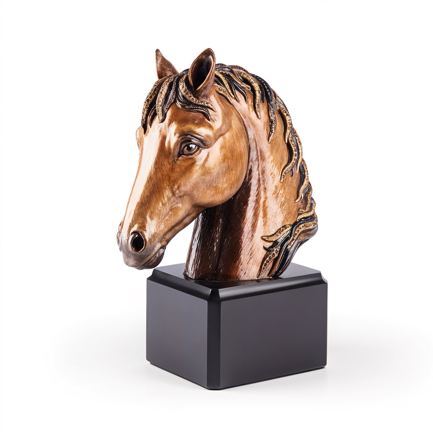 Jay Strongwater. Gilded Horse Head Figurine Sitting on Marble Stand Studded with Swarovski