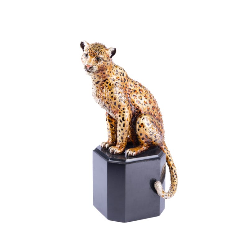 Jay Strongwater. Leopard Figurine Sitting on Marble Stand Studded with Swarovski. Limited Edition