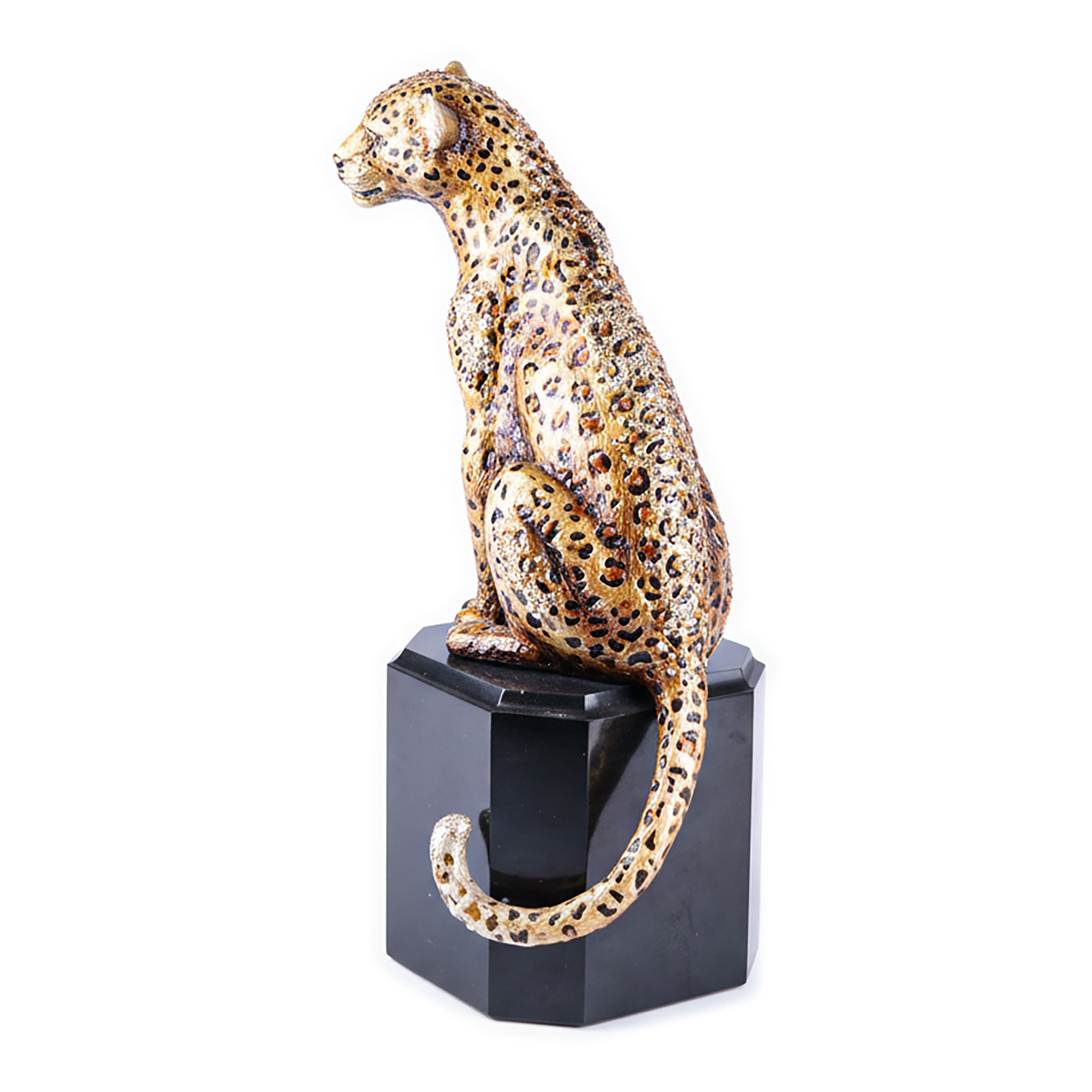 Jay Strongwater. Leopard Figurine Sitting on Marble Stand Studded with Swarovski. Limited Edition
