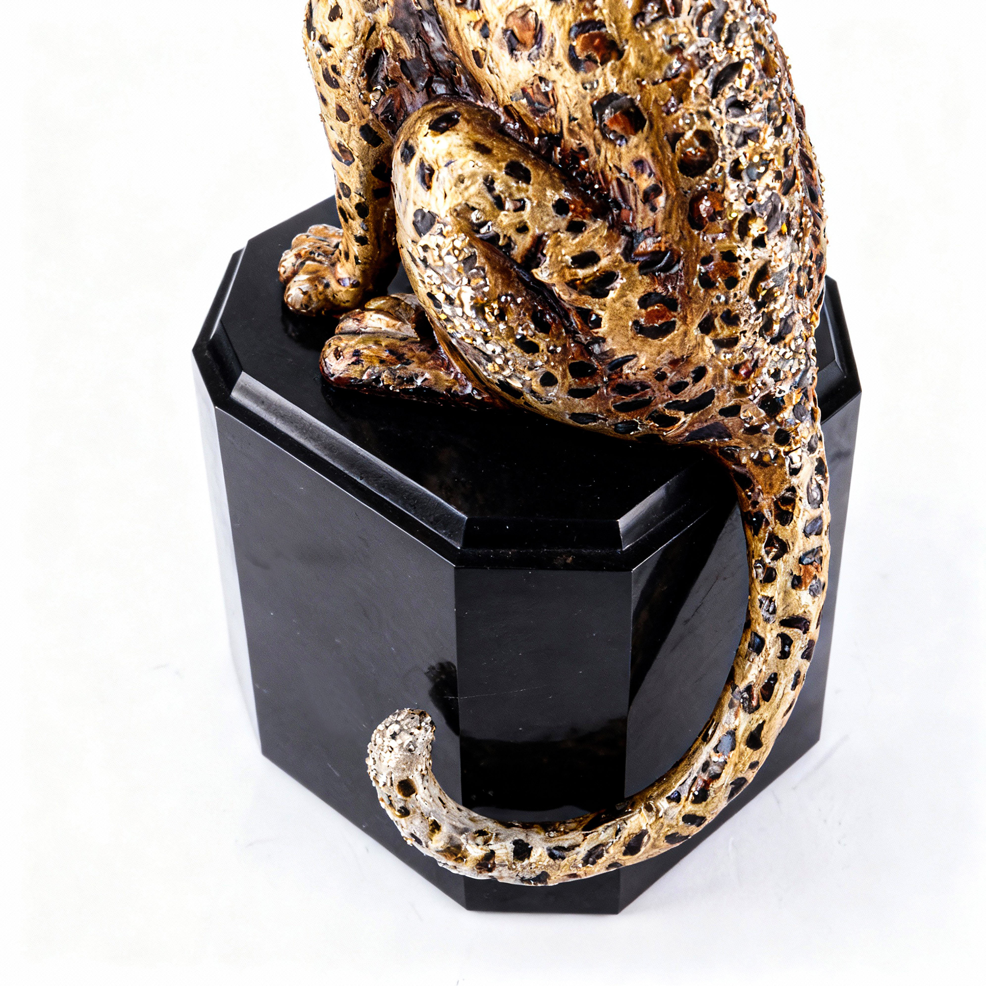 Jay Strongwater. Leopard Figurine Sitting on Marble Stand Studded with Swarovski. Limited Edition